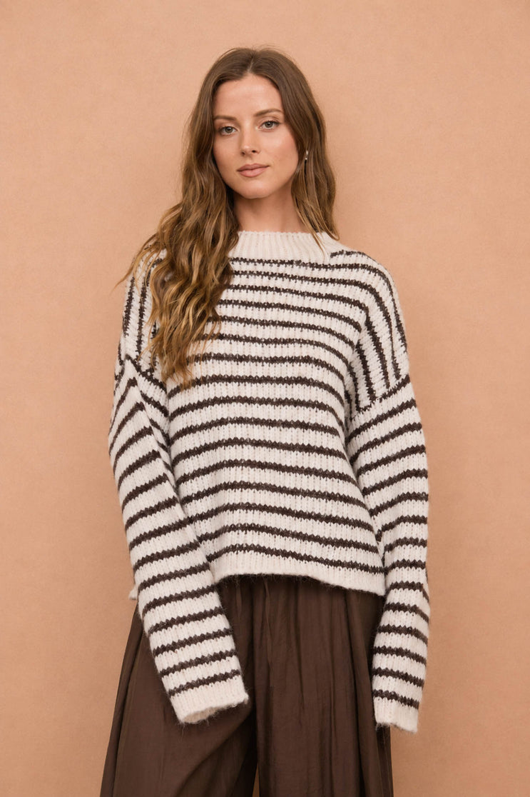 STRIPE ROLLED EDGE DETAIL LONG SLEEVE KNIT SWEATER (PRE-ORDER)