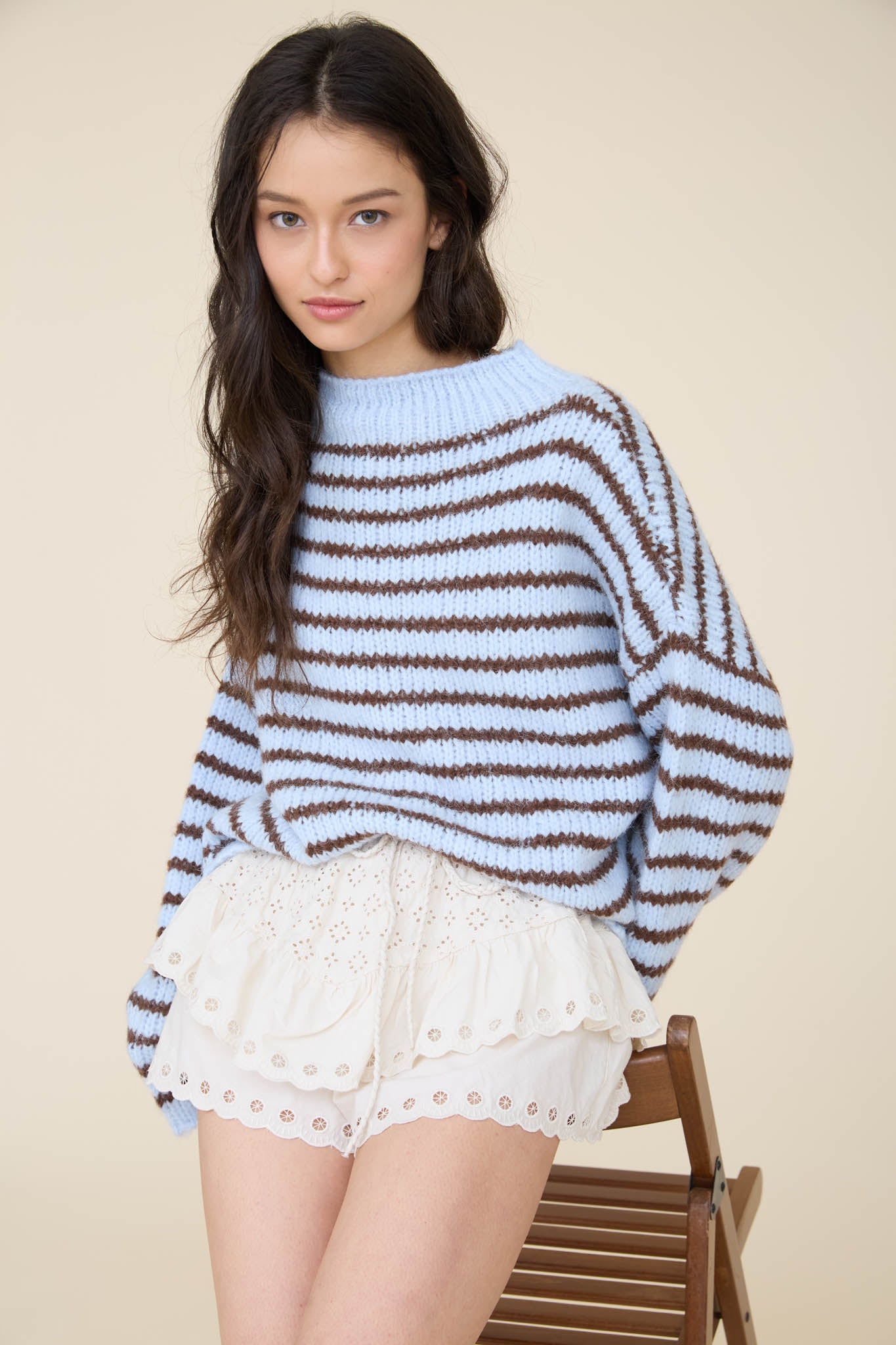 STRIPE ROLLED EDGE DETAIL LONG SLEEVE KNIT SWEATER (PRE-ORDER)