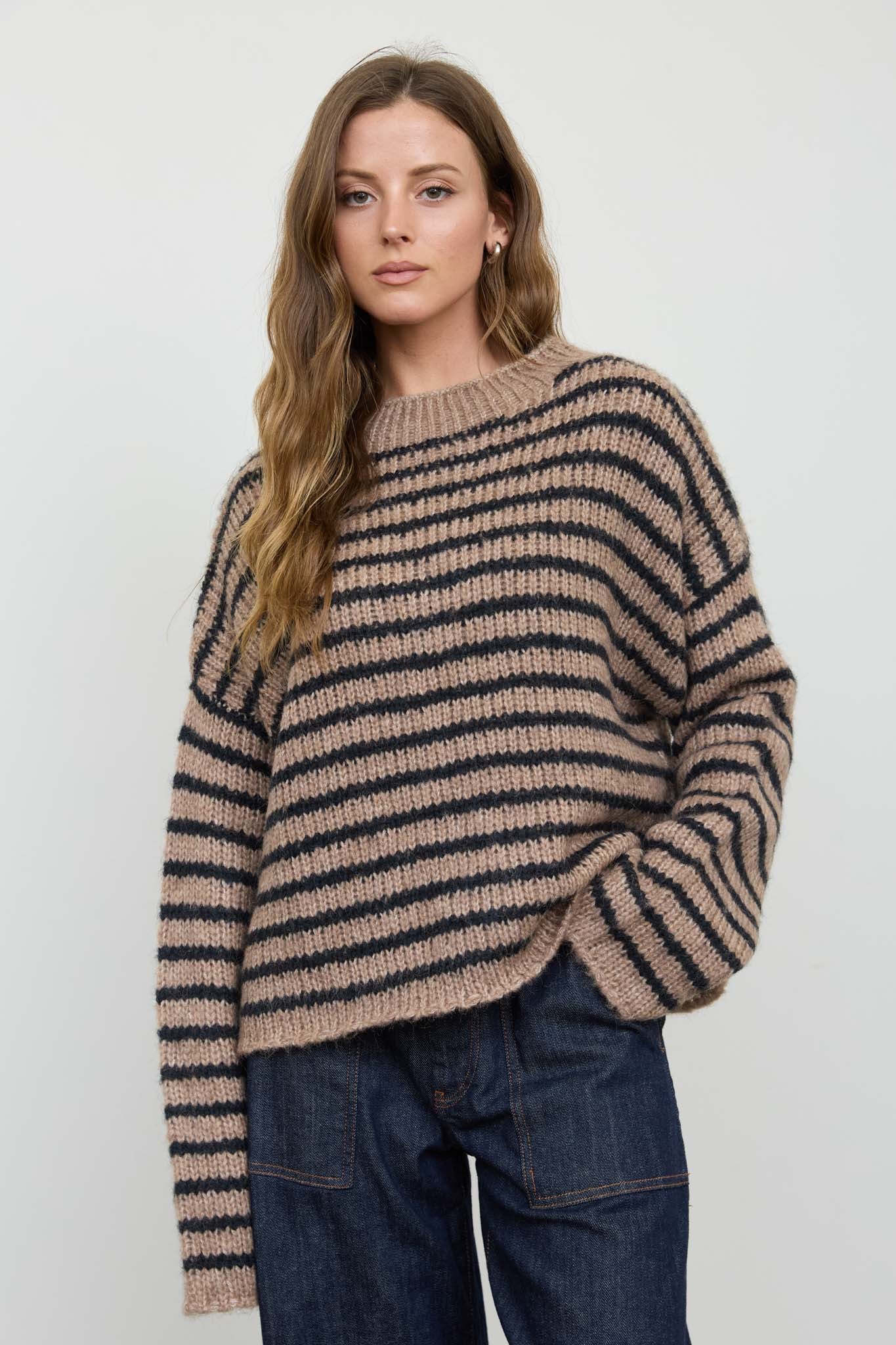 STRIPE ROLLED EDGE DETAIL LONG SLEEVE KNIT SWEATER (PRE-ORDER)