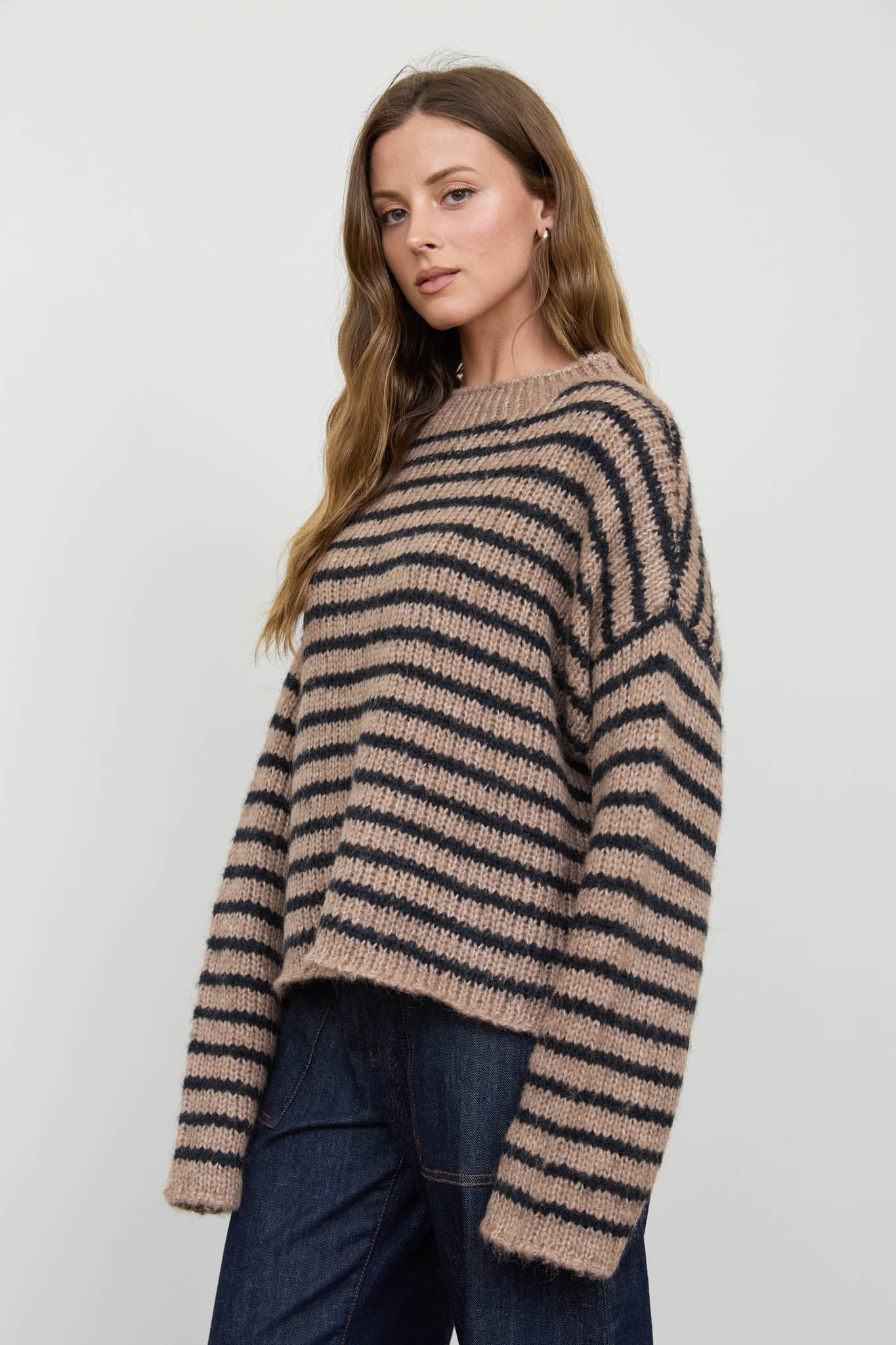 STRIPE ROLLED EDGE DETAIL LONG SLEEVE KNIT SWEATER (PRE-ORDER)