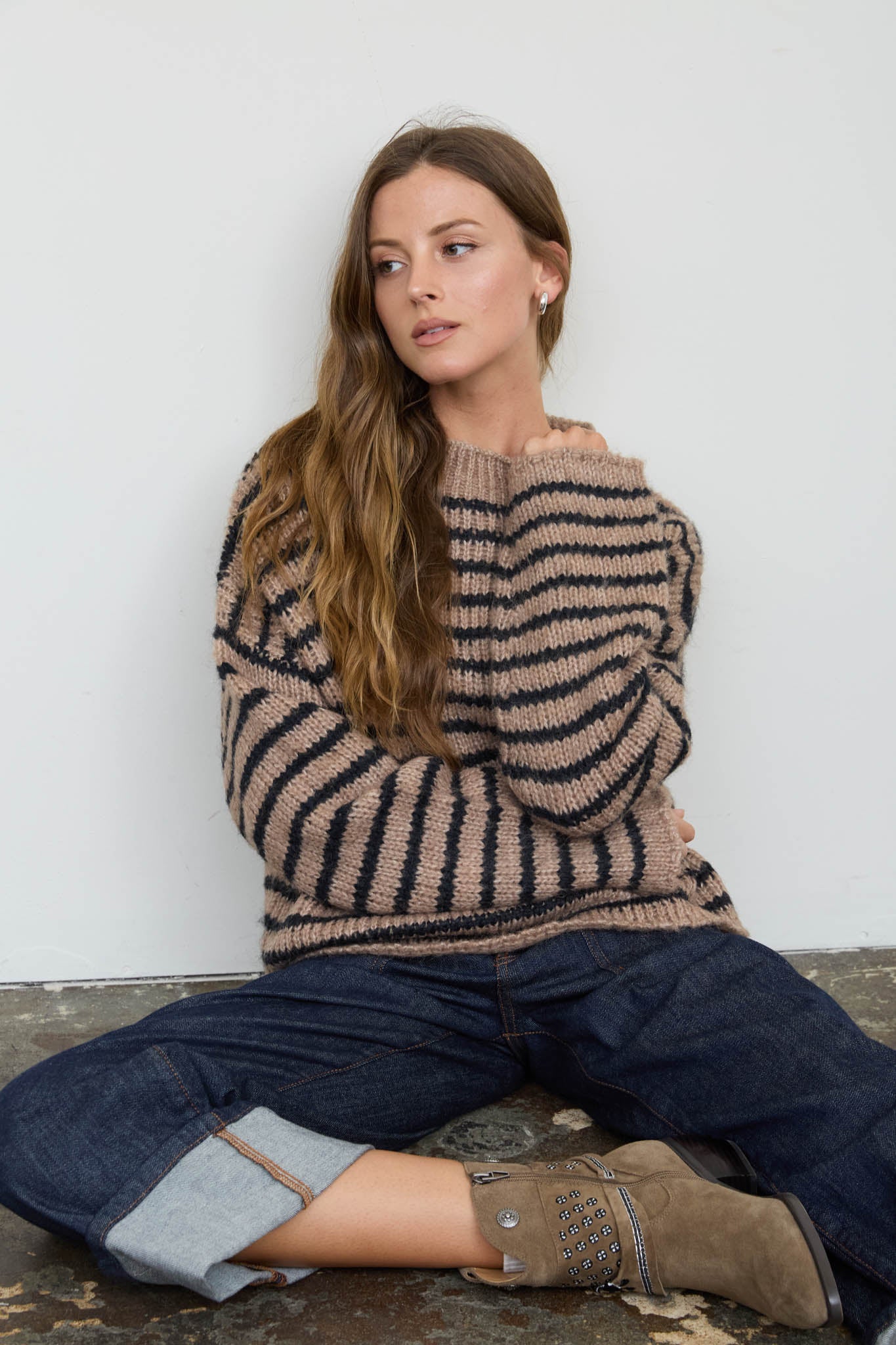 STRIPE ROLLED EDGE DETAIL LONG SLEEVE KNIT SWEATER (PRE-ORDER)