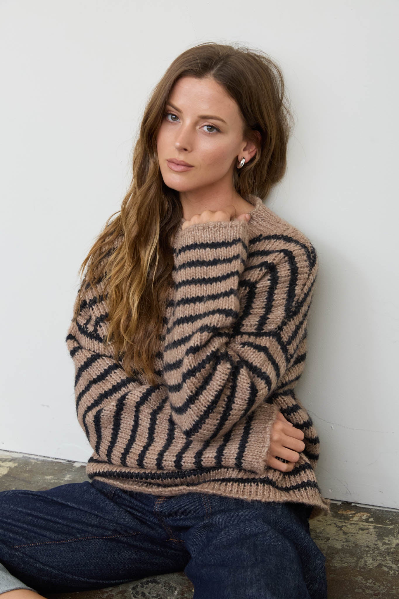 STRIPE ROLLED EDGE DETAIL LONG SLEEVE KNIT SWEATER (PRE-ORDER)