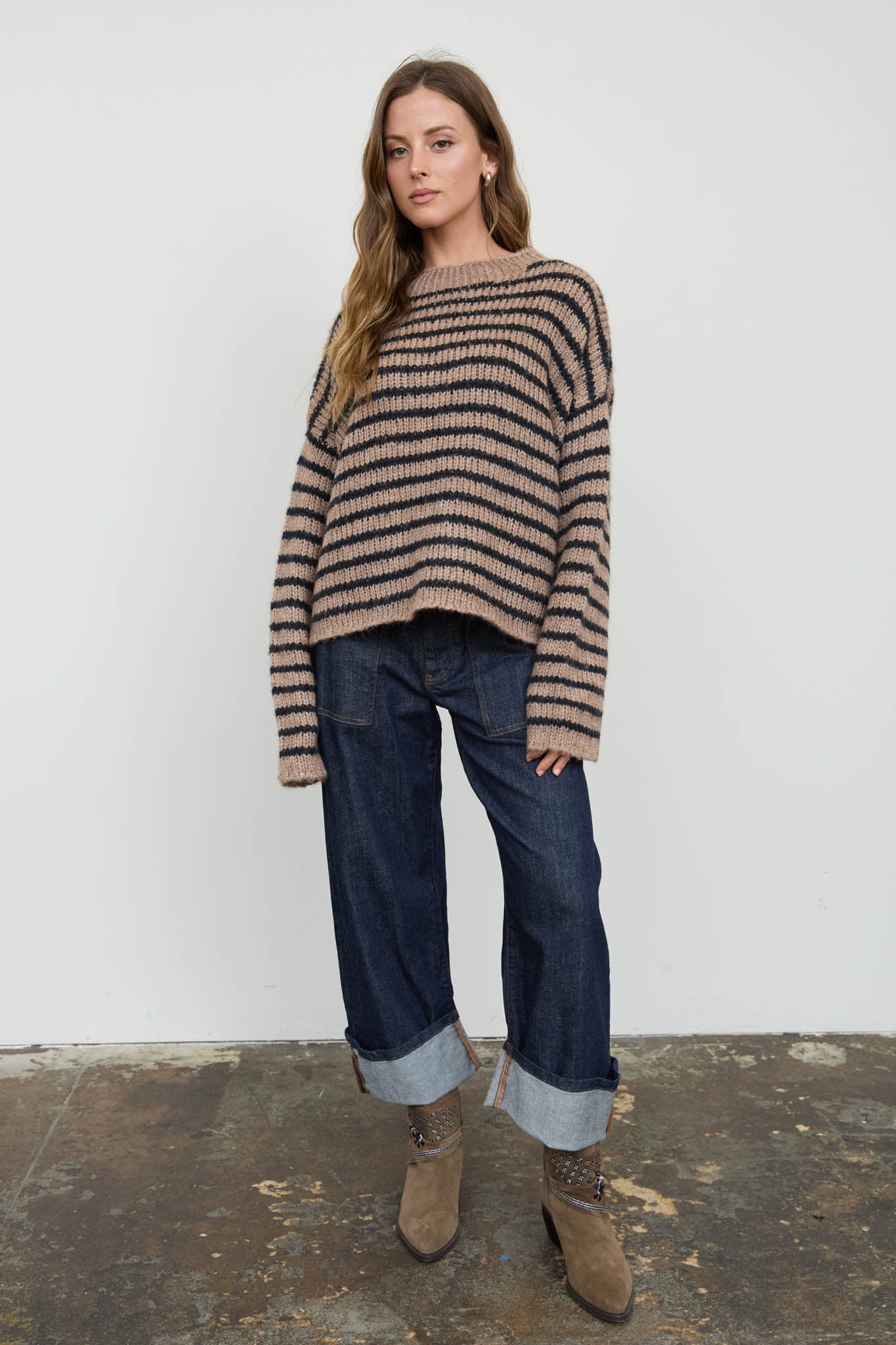 STRIPE ROLLED EDGE DETAIL LONG SLEEVE KNIT SWEATER (PRE-ORDER)