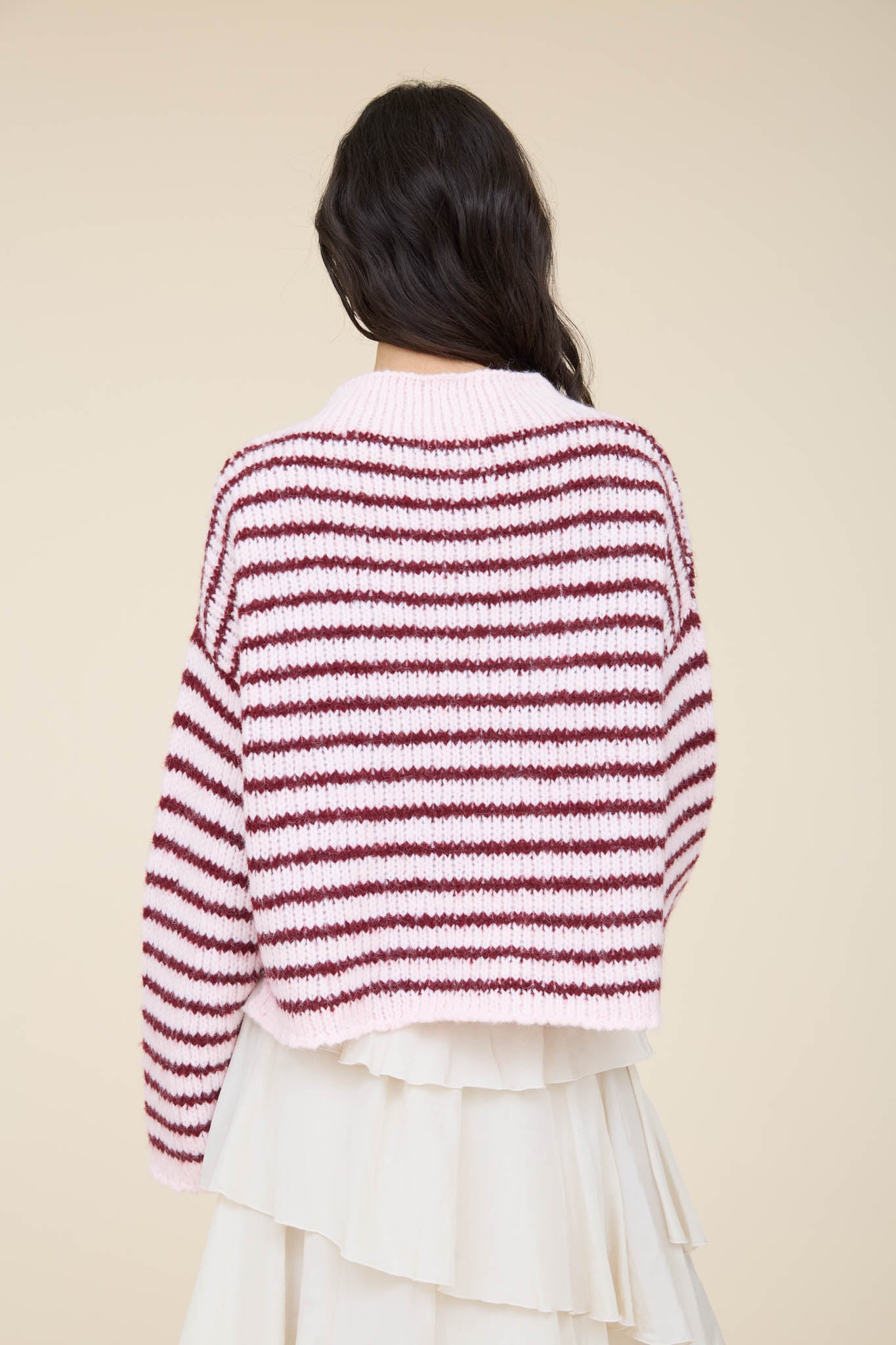 STRIPE ROLLED EDGE DETAIL LONG SLEEVE KNIT SWEATER (PRE-ORDER)