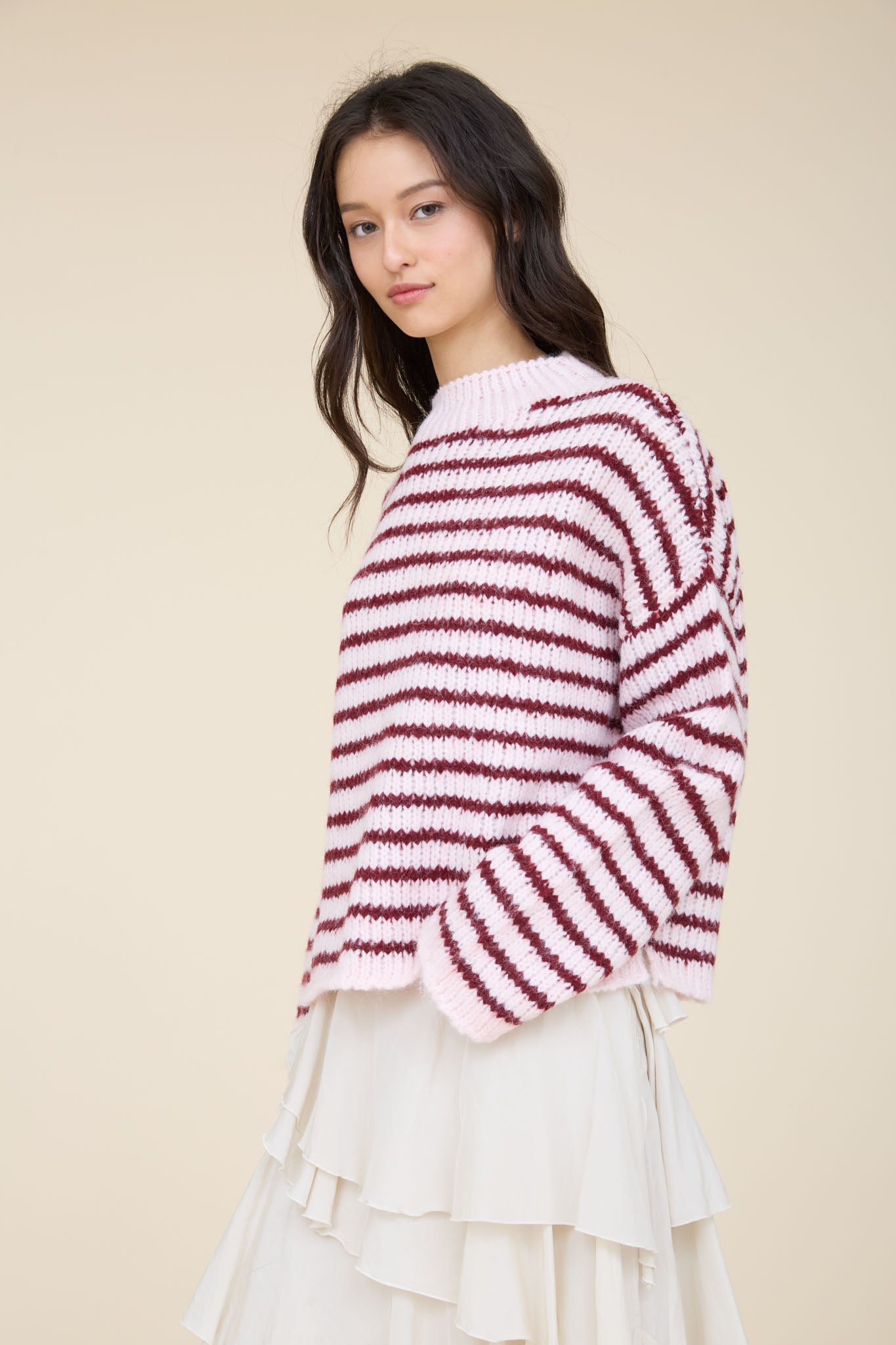 STRIPE ROLLED EDGE DETAIL LONG SLEEVE KNIT SWEATER (PRE-ORDER)