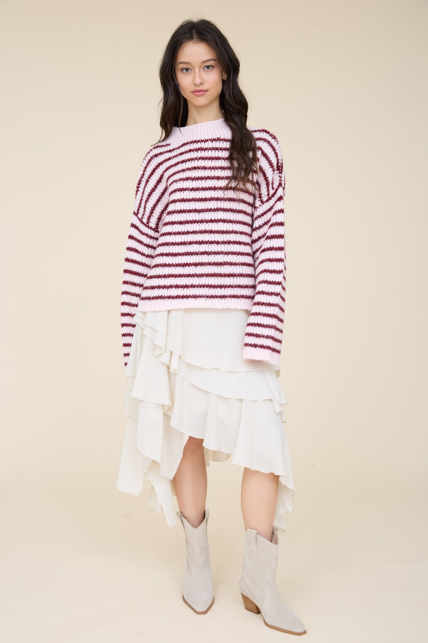STRIPE ROLLED EDGE DETAIL LONG SLEEVE KNIT SWEATER (PRE-ORDER)