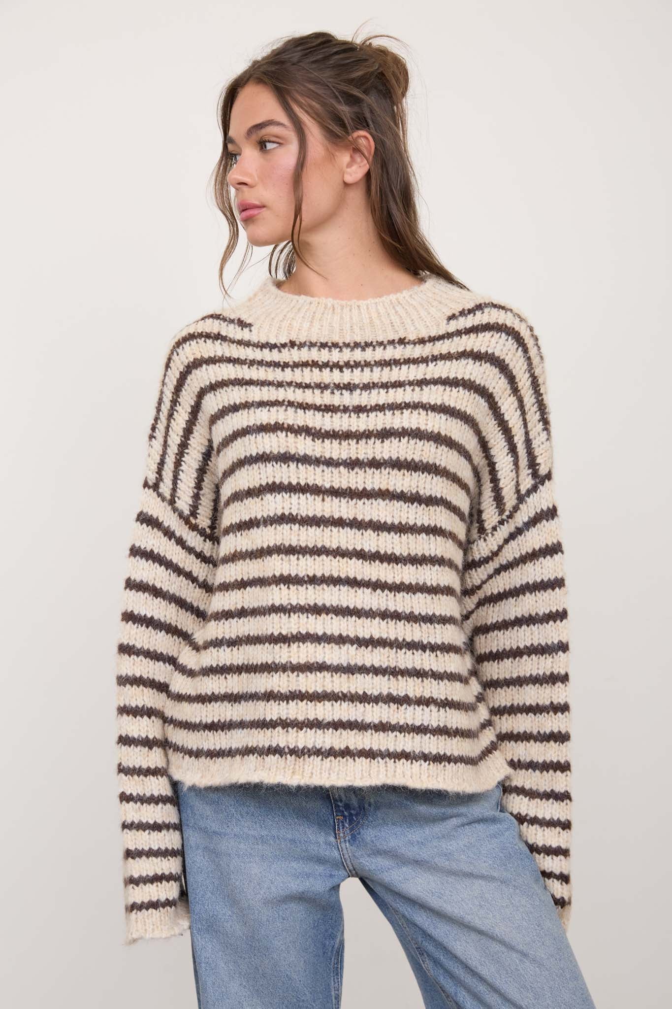STRIPE ROLLED EDGE DETAIL LONG SLEEVE KNIT SWEATER (PRE-ORDER)