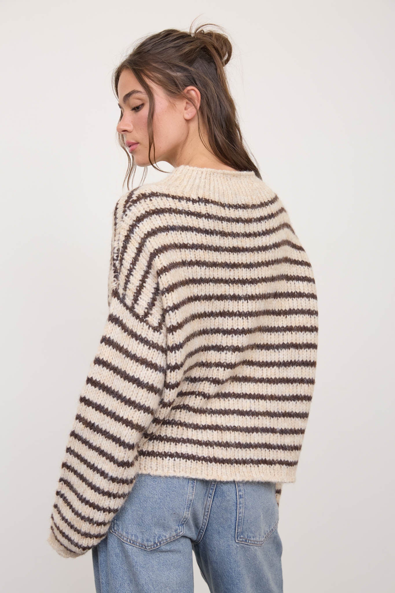 STRIPE ROLLED EDGE DETAIL LONG SLEEVE KNIT SWEATER (PRE-ORDER)