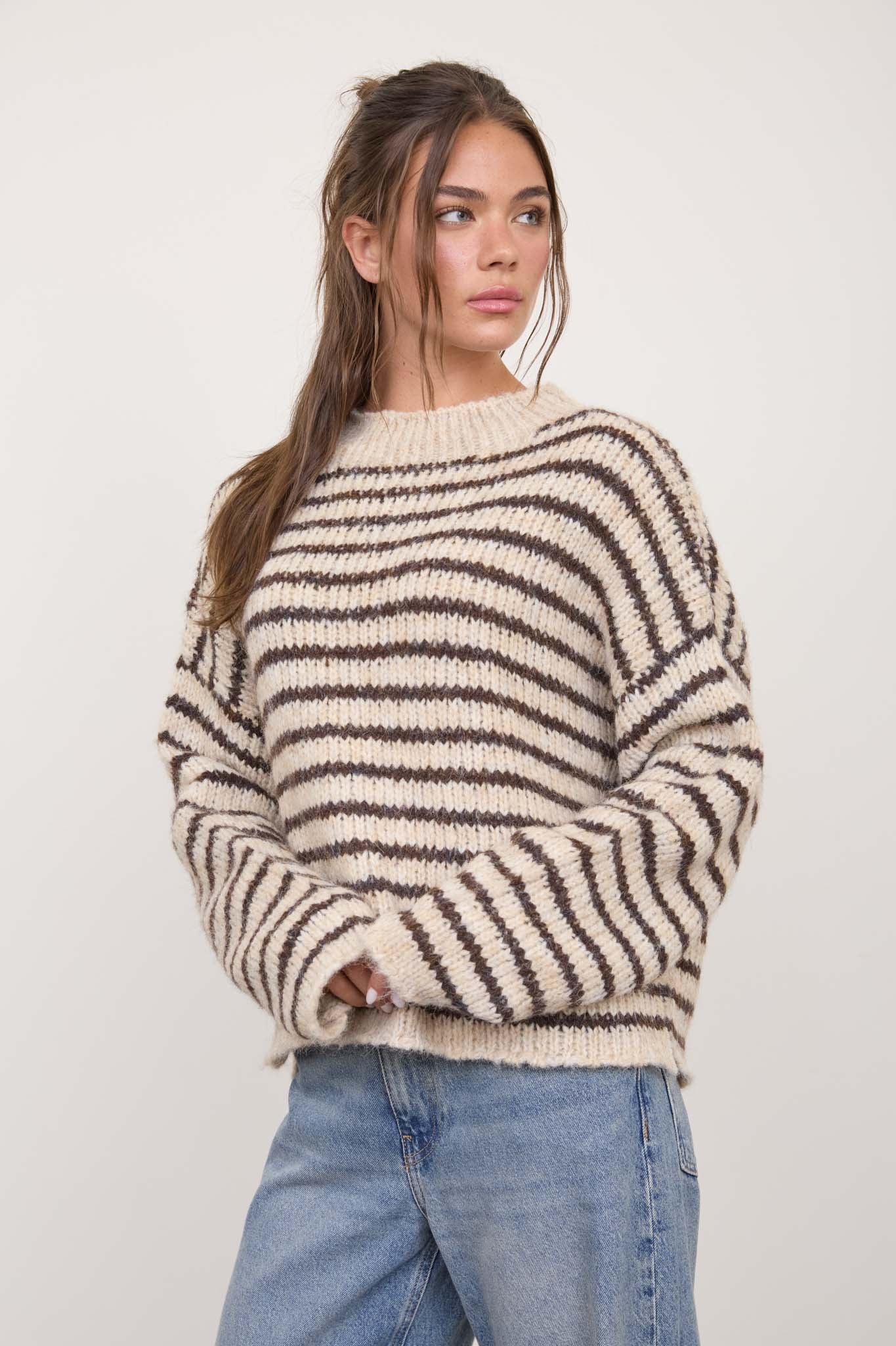 STRIPE ROLLED EDGE DETAIL LONG SLEEVE KNIT SWEATER (PRE-ORDER)