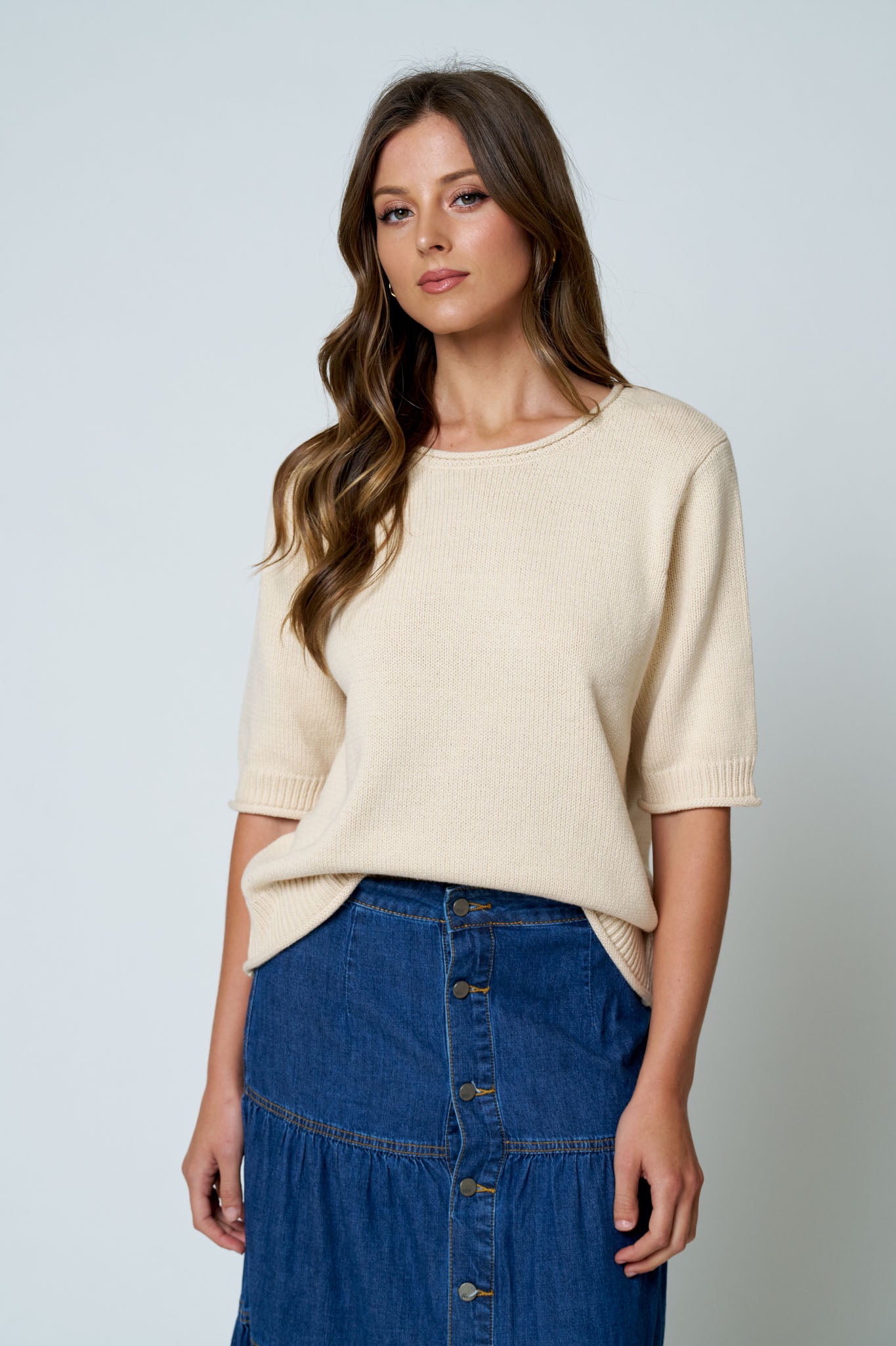 RAW EDGE HALF SLEEVE SWEATER KNIT TOP