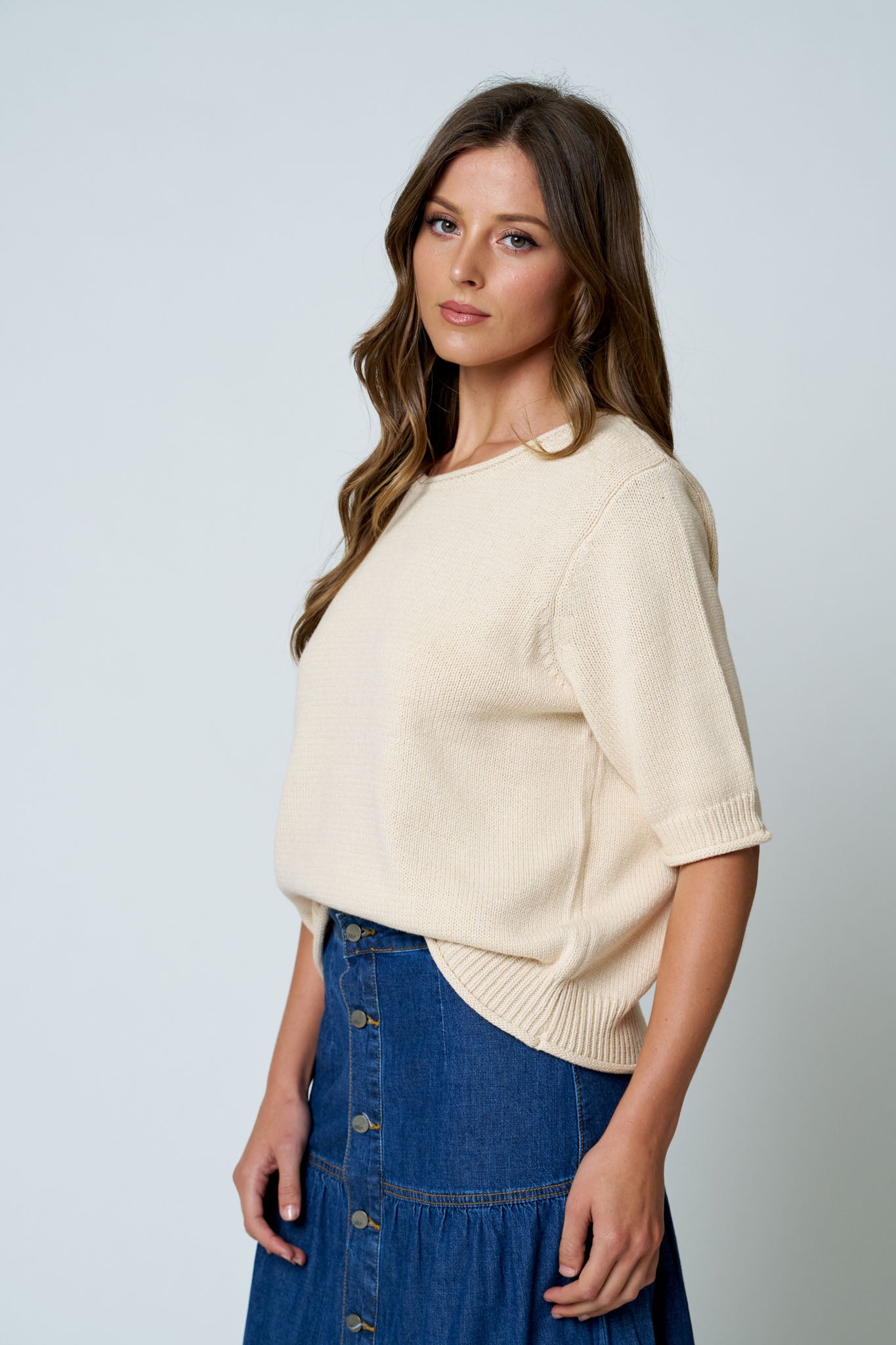 RAW EDGE HALF SLEEVE SWEATER KNIT TOP