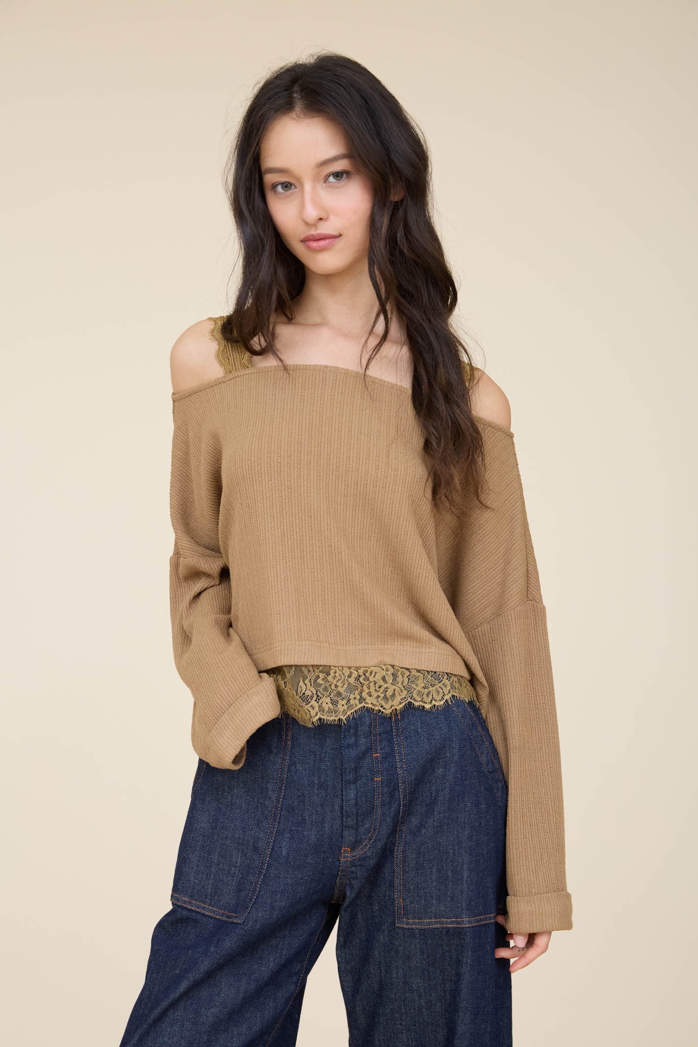 OFF-SHOULDER LAYERED LACE LONG SLEEVE KNIT TOP (PRE-ORDER)
