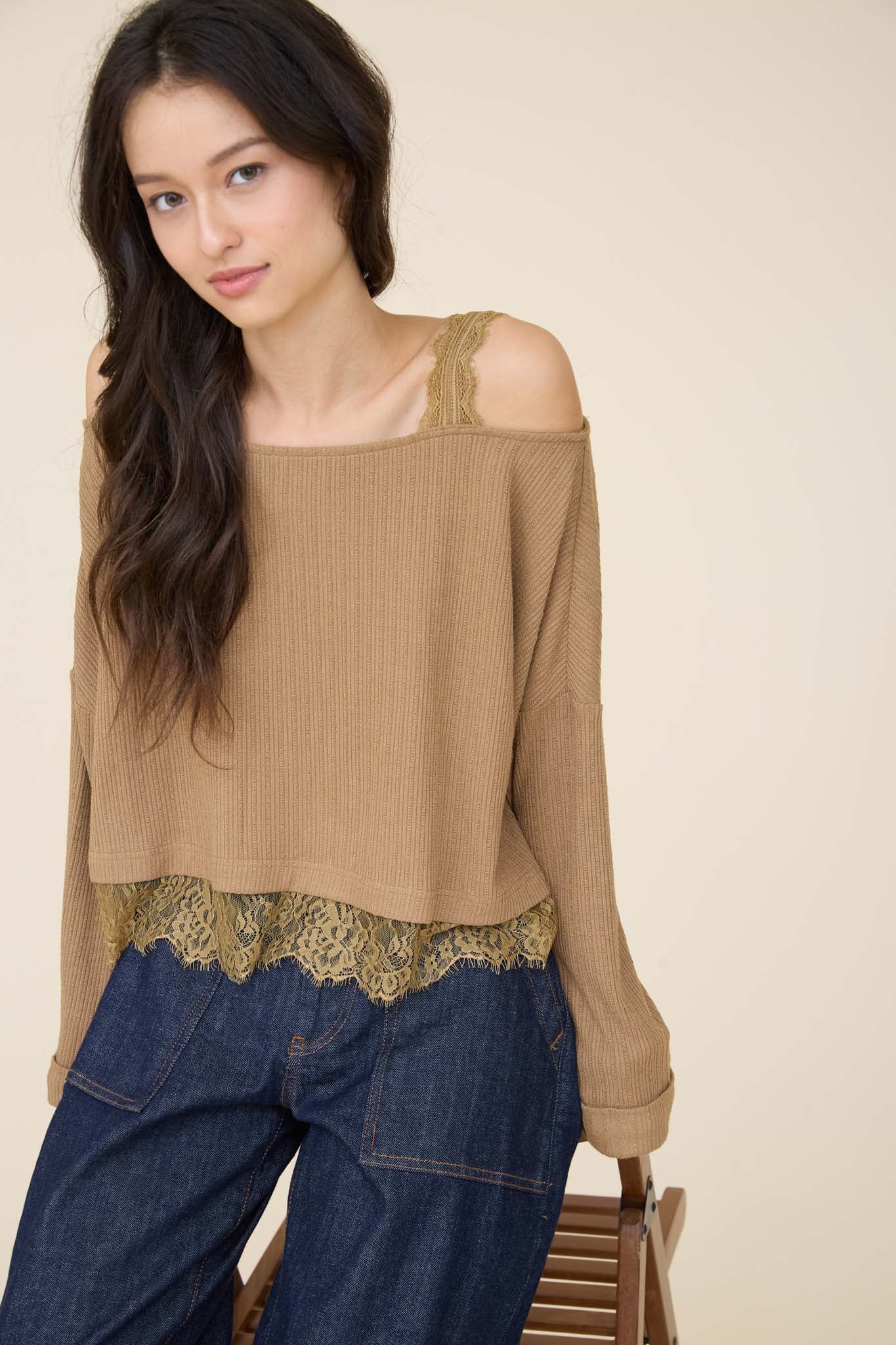 OFF-SHOULDER LAYERED LACE LONG SLEEVE KNIT TOP (PRE-ORDER)
