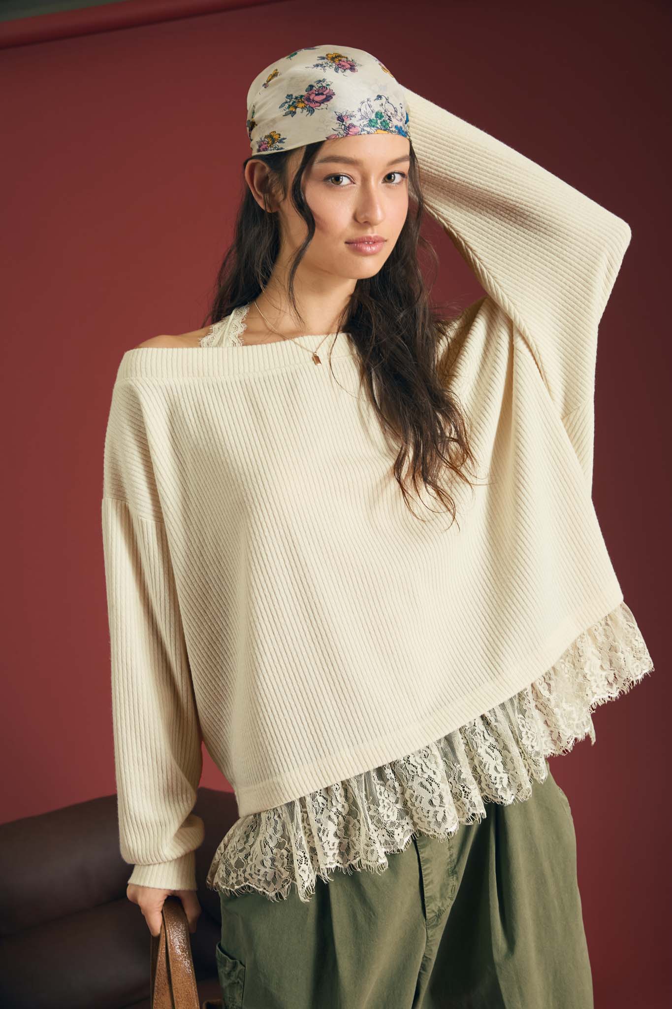 LAYERED HALTER LACE NECK OFF-SHOULDER KNIT TOP (PRE-ORDER)