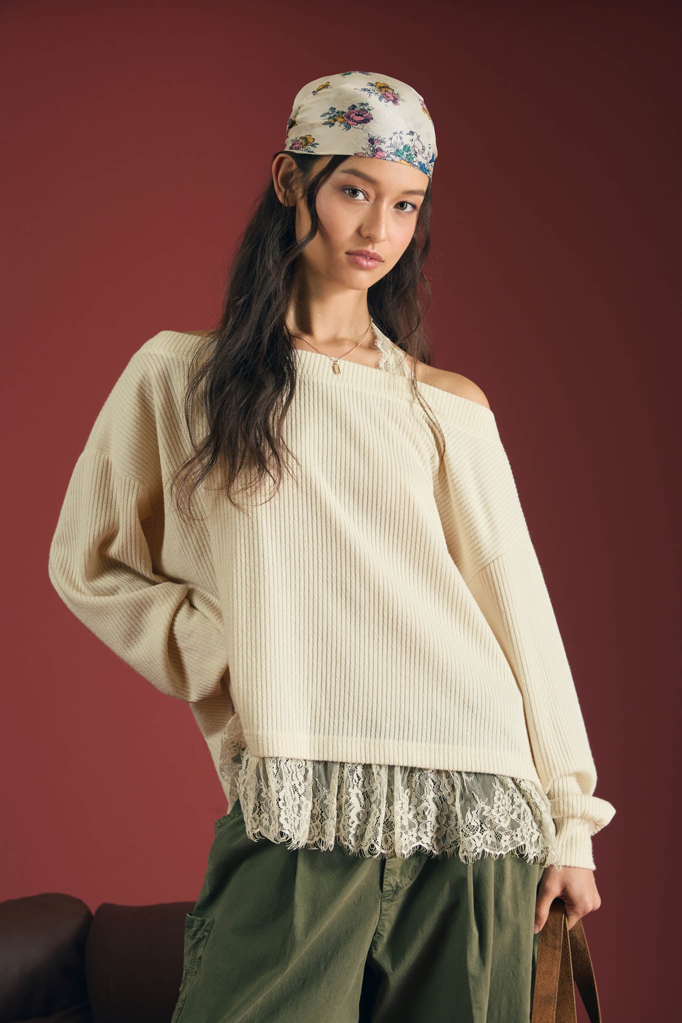 LAYERED HALTER LACE NECK OFF-SHOULDER KNIT TOP (PRE-ORDER)