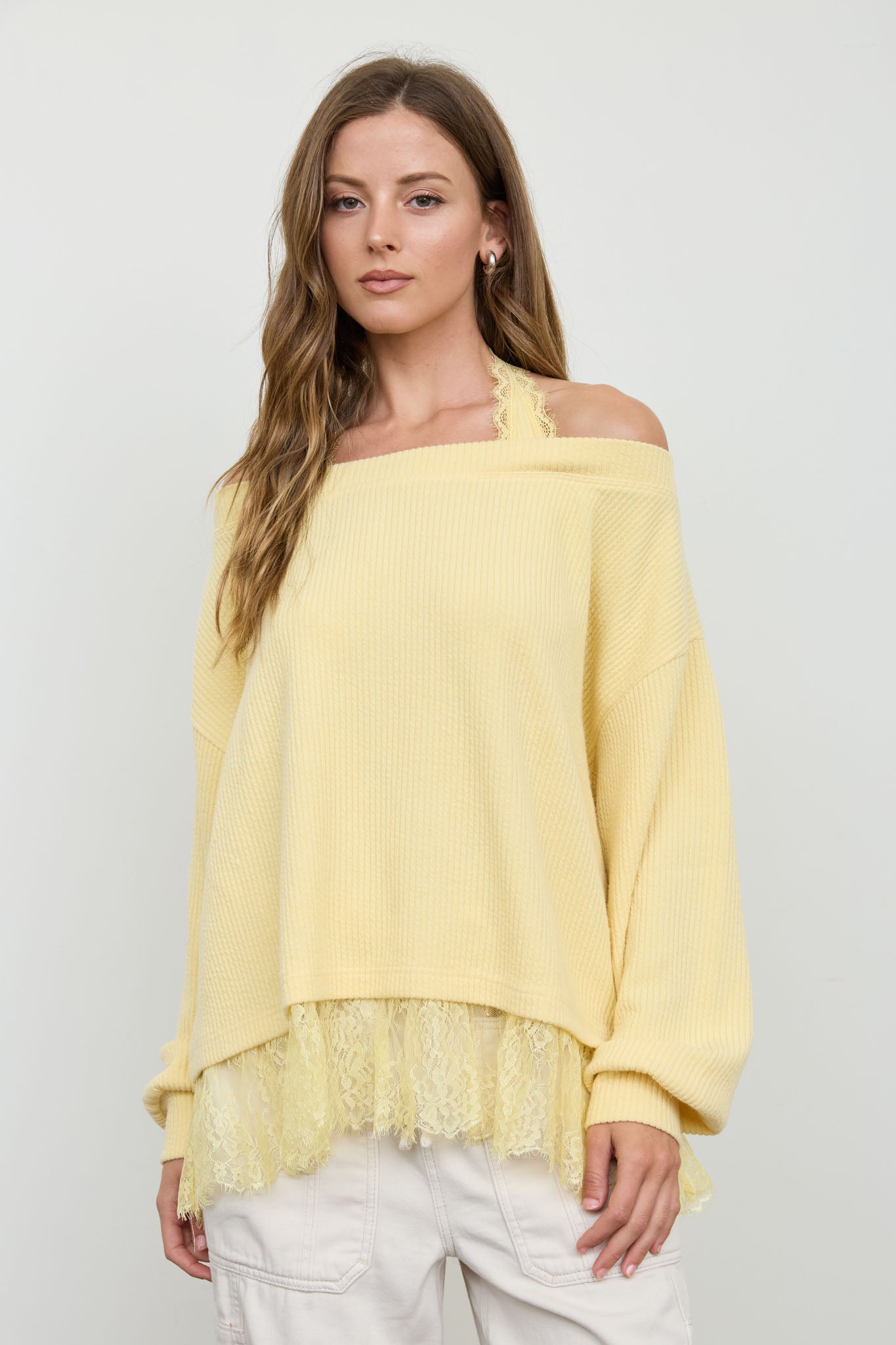 LAYERED HALTER LACE NECK OFF-SHOULDER KNIT TOP (PRE-ORDER)