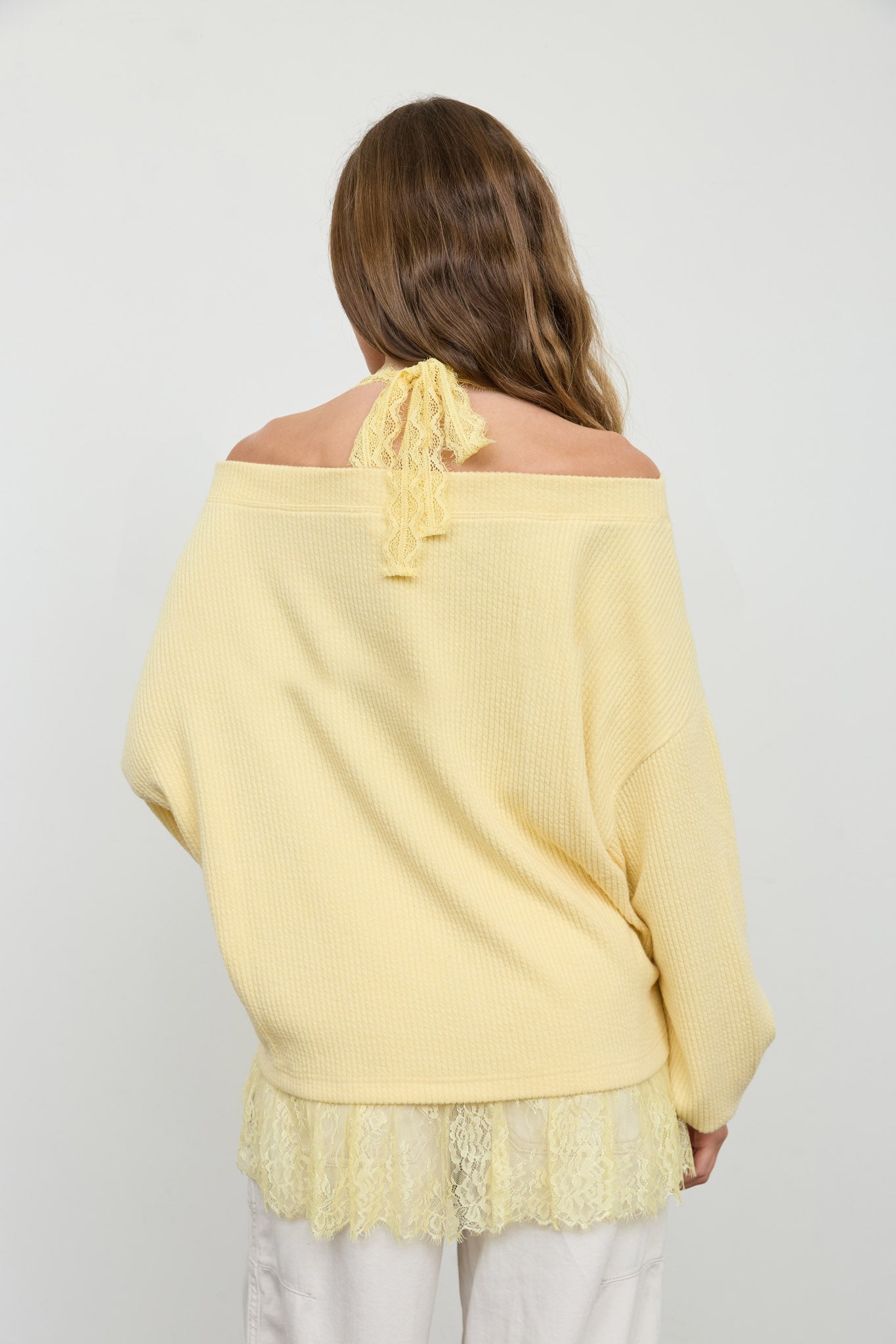 LAYERED HALTER LACE NECK OFF-SHOULDER KNIT TOP (PRE-ORDER)