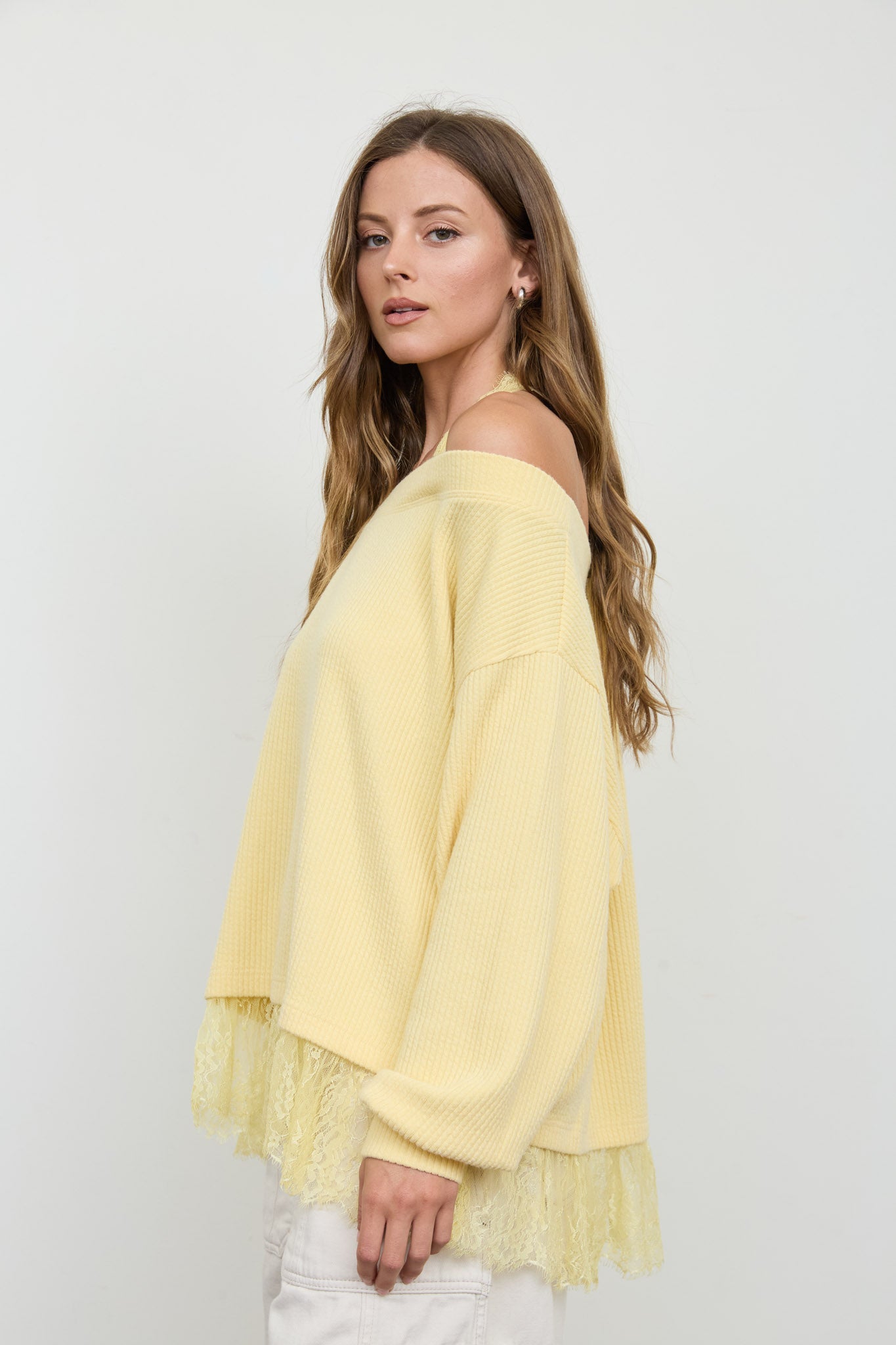 LAYERED HALTER LACE NECK OFF-SHOULDER KNIT TOP (PRE-ORDER)