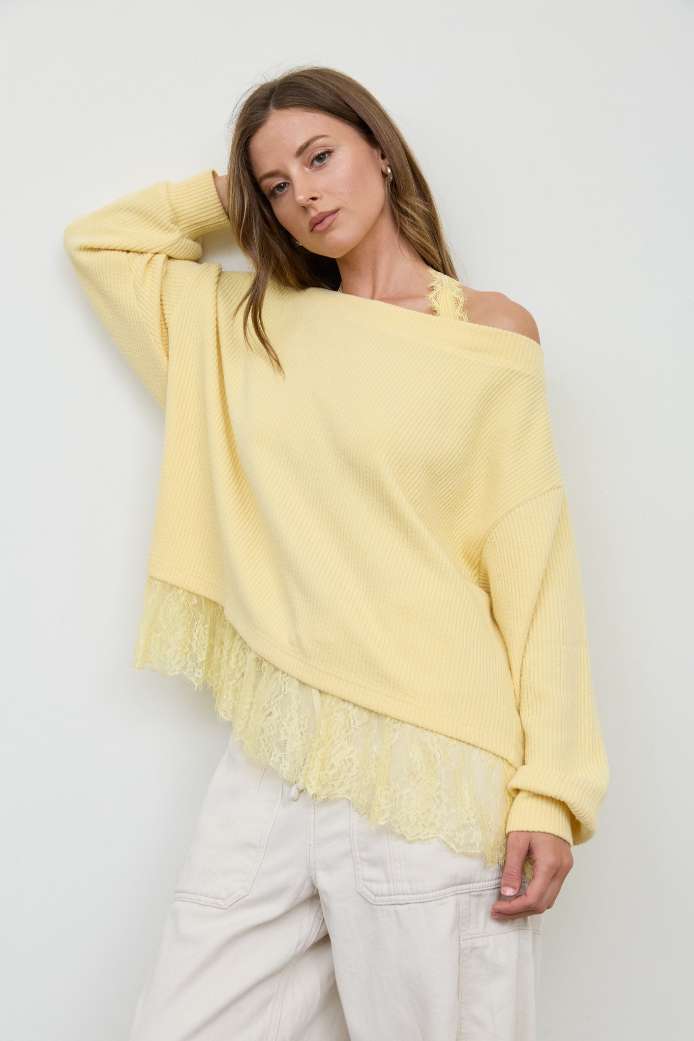 LAYERED HALTER LACE NECK OFF-SHOULDER KNIT TOP (PRE-ORDER)