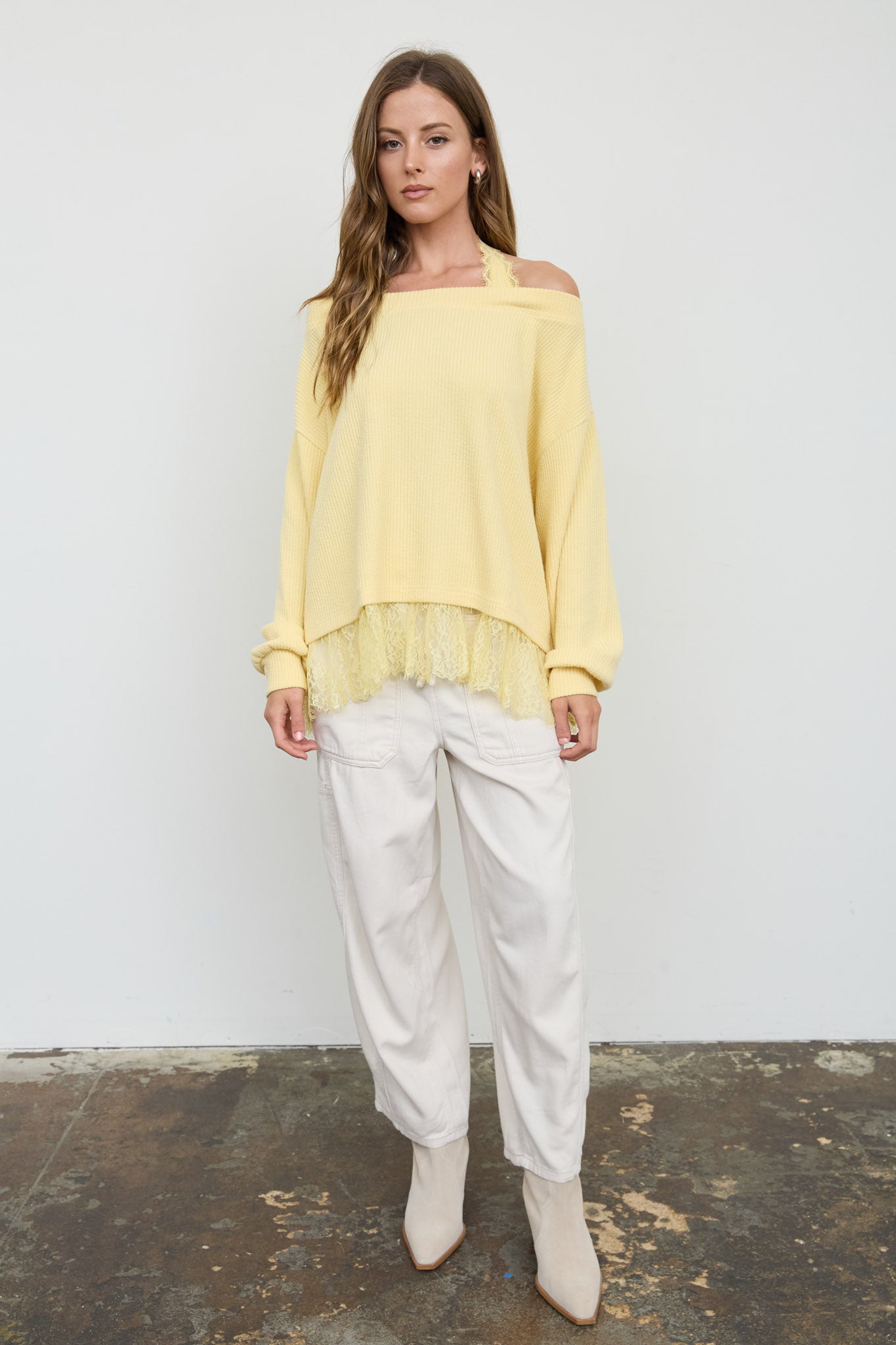 LAYERED HALTER LACE NECK OFF-SHOULDER KNIT TOP (PRE-ORDER)
