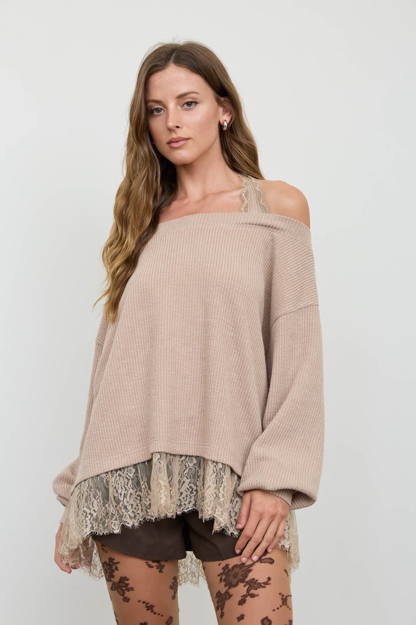 LAYERED HALTER LACE NECK OFF-SHOULDER KNIT TOP (PRE-ORDER)