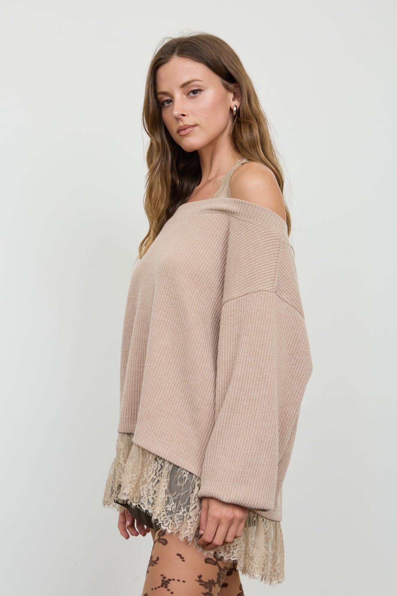 LAYERED HALTER LACE NECK OFF-SHOULDER KNIT TOP (PRE-ORDER)