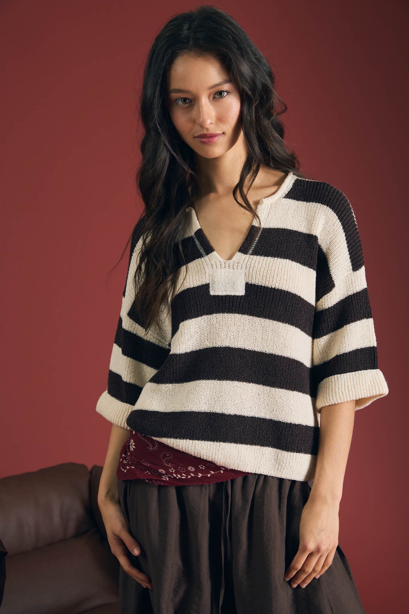 WIDE STRIPE RAW SPLIT NECK SHORT SLEEVE SWEATER (PRE-ORDER)