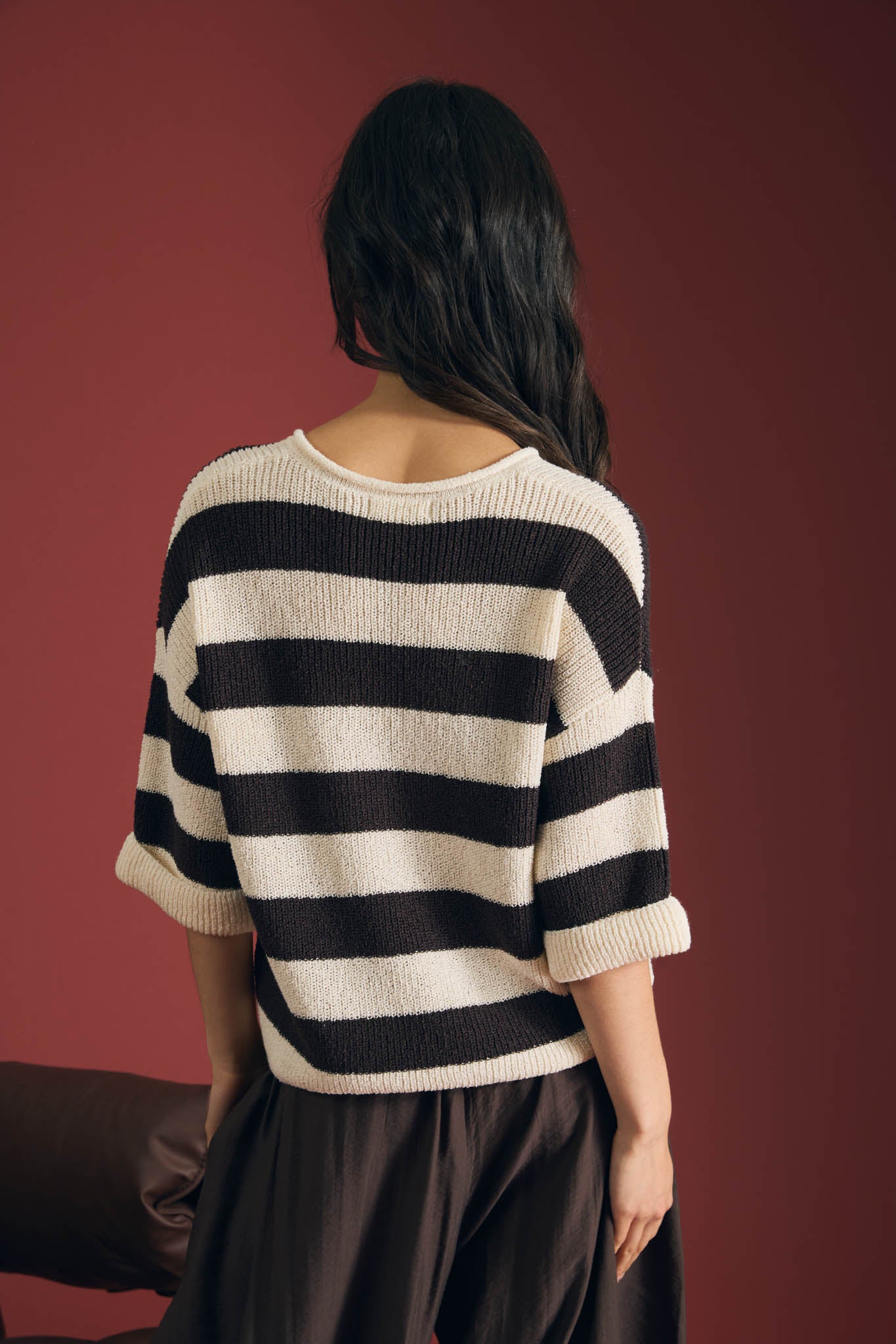 WIDE STRIPE RAW SPLIT NECK SHORT SLEEVE SWEATER (PRE-ORDER)