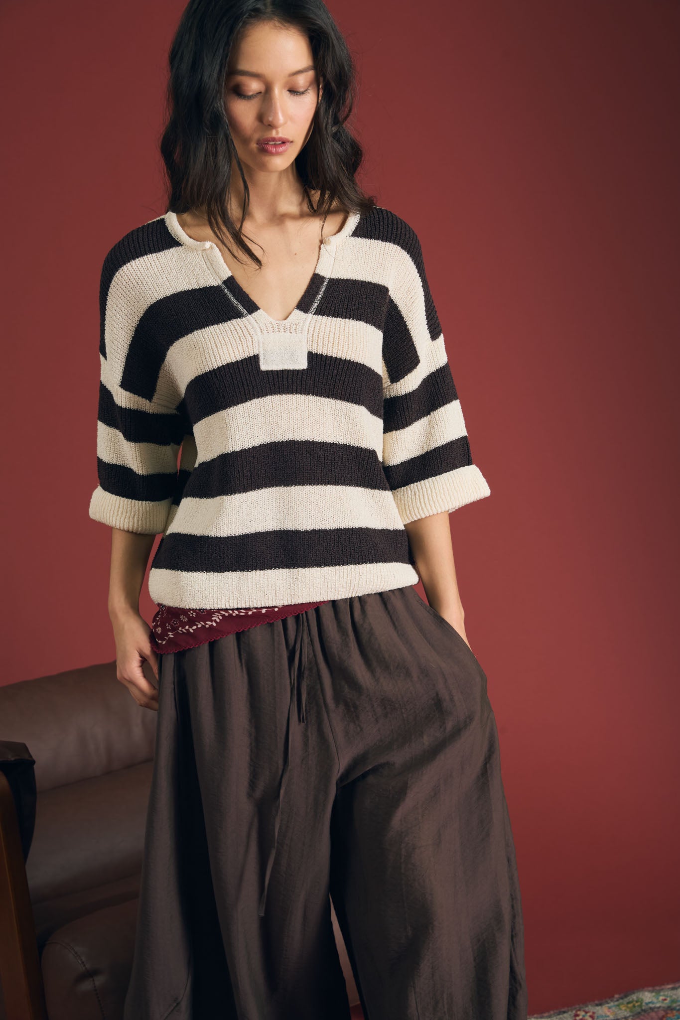 WIDE STRIPE RAW SPLIT NECK SHORT SLEEVE SWEATER (PRE-ORDER)