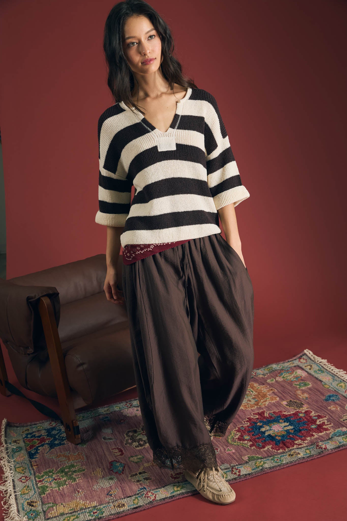 WIDE STRIPE RAW SPLIT NECK SHORT SLEEVE SWEATER (PRE-ORDER)