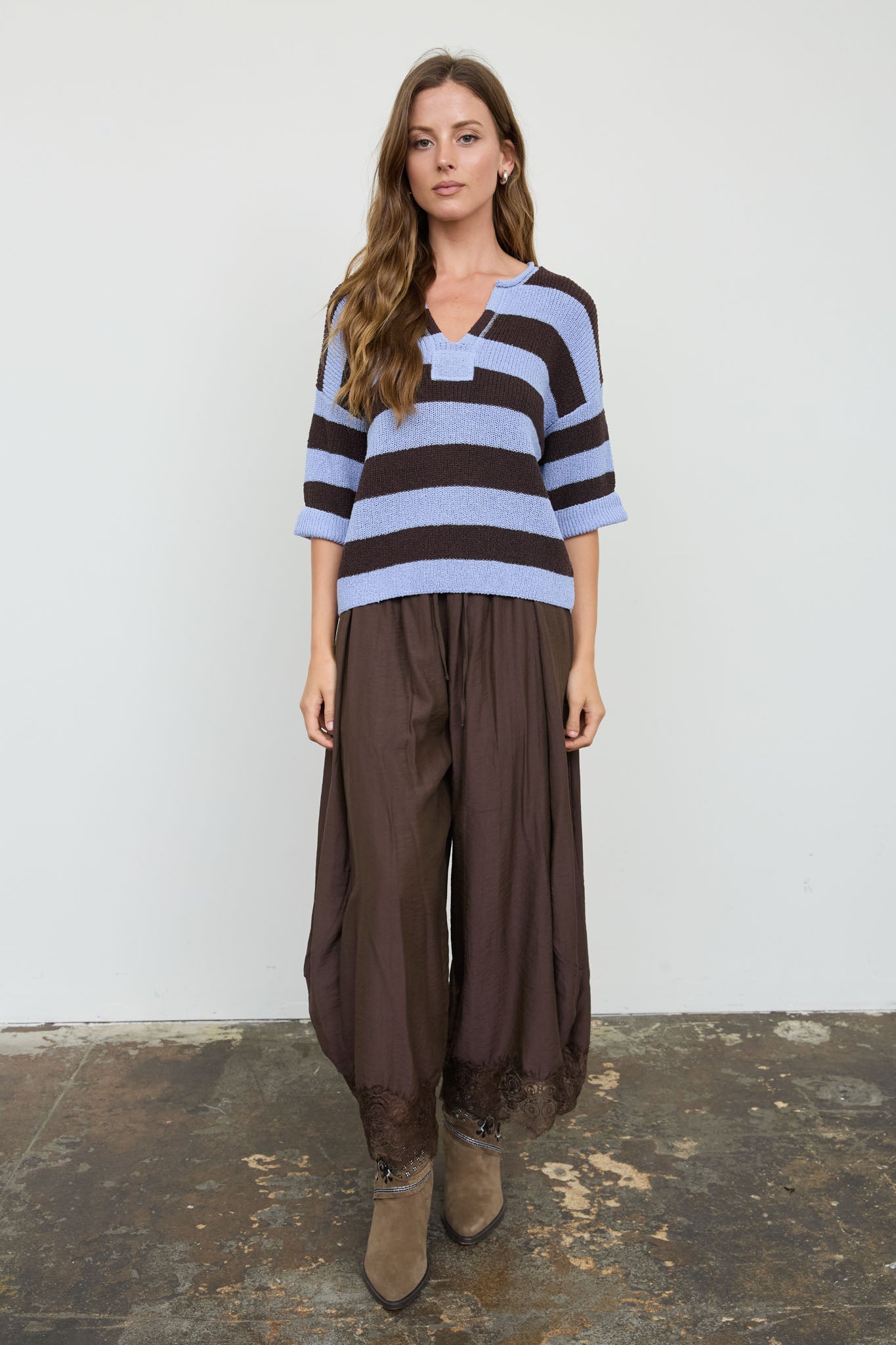 WIDE STRIPE RAW SPLIT NECK SHORT SLEEVE SWEATER (PRE-ORDER)
