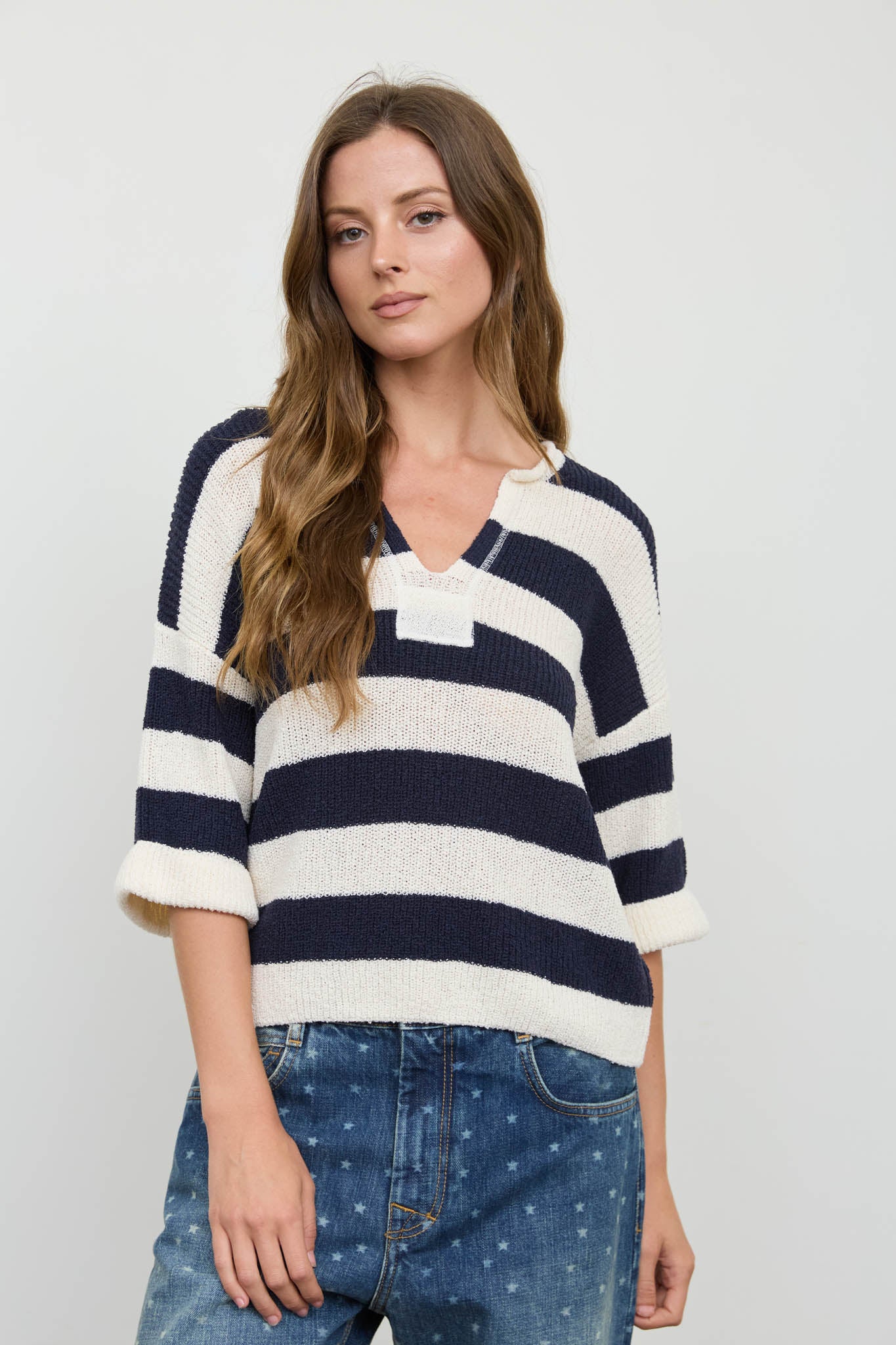 WIDE STRIPE RAW SPLIT NECK SHORT SLEEVE SWEATER (PRE-ORDER)