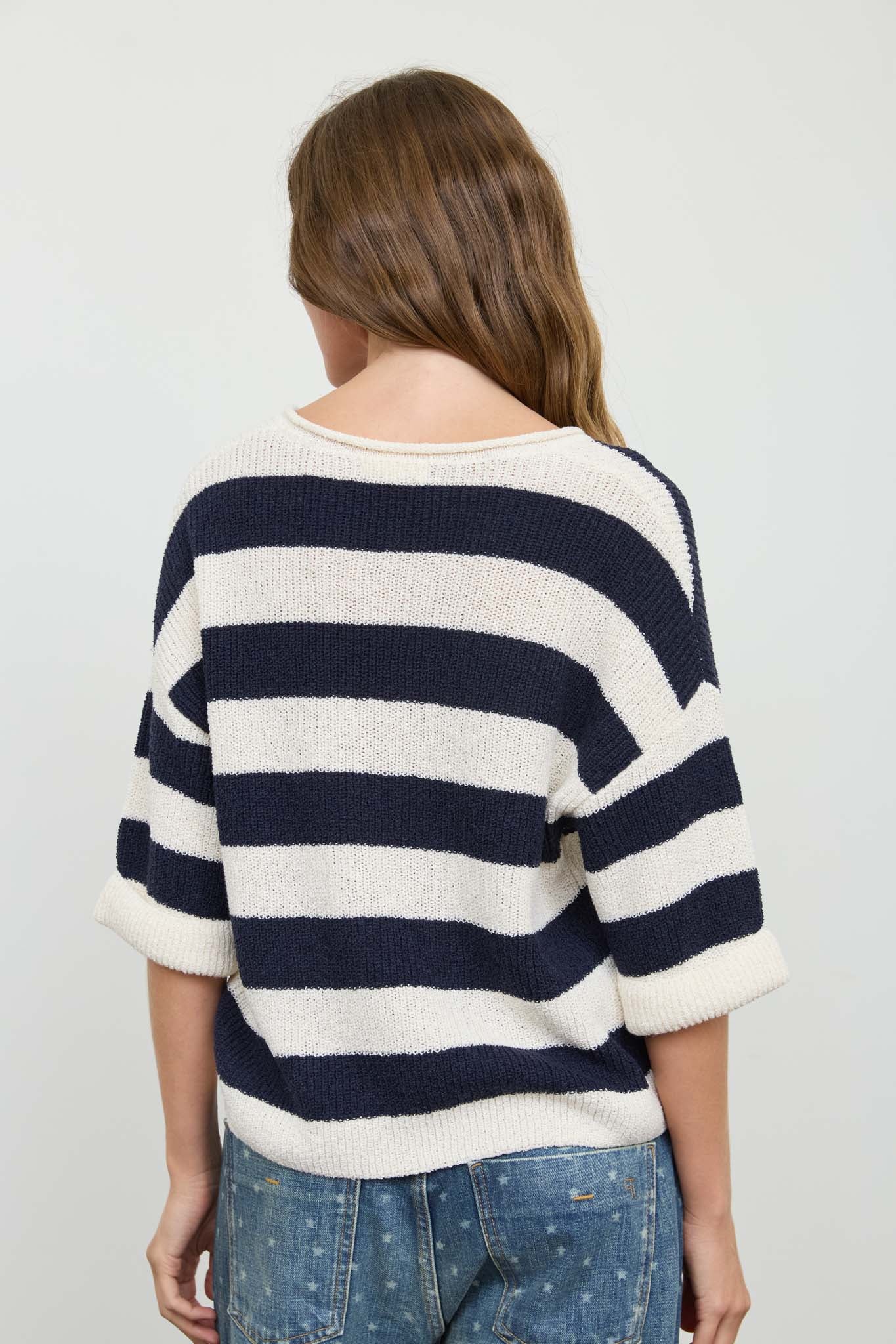 WIDE STRIPE RAW SPLIT NECK SHORT SLEEVE SWEATER (PRE-ORDER)