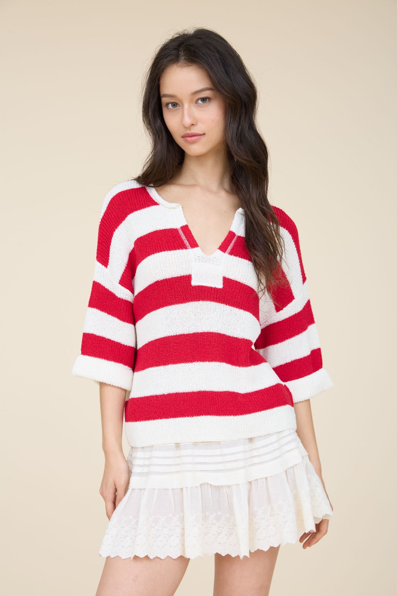 WIDE STRIPE RAW SPLIT NECK SHORT SLEEVE SWEATER (PRE-ORDER)