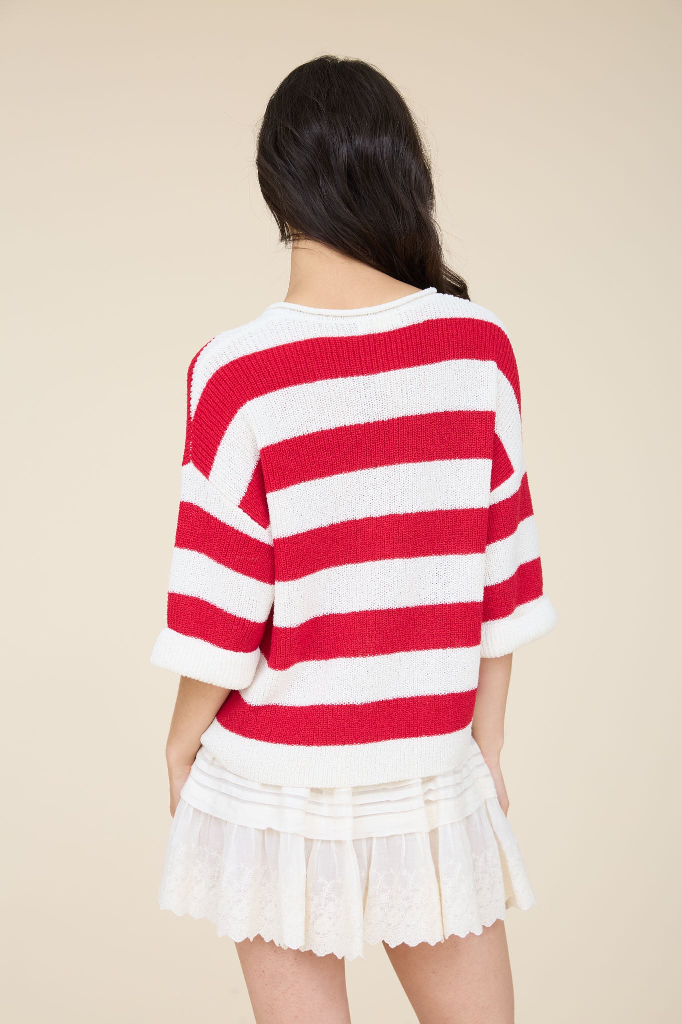 WIDE STRIPE RAW SPLIT NECK SHORT SLEEVE SWEATER (PRE-ORDER)