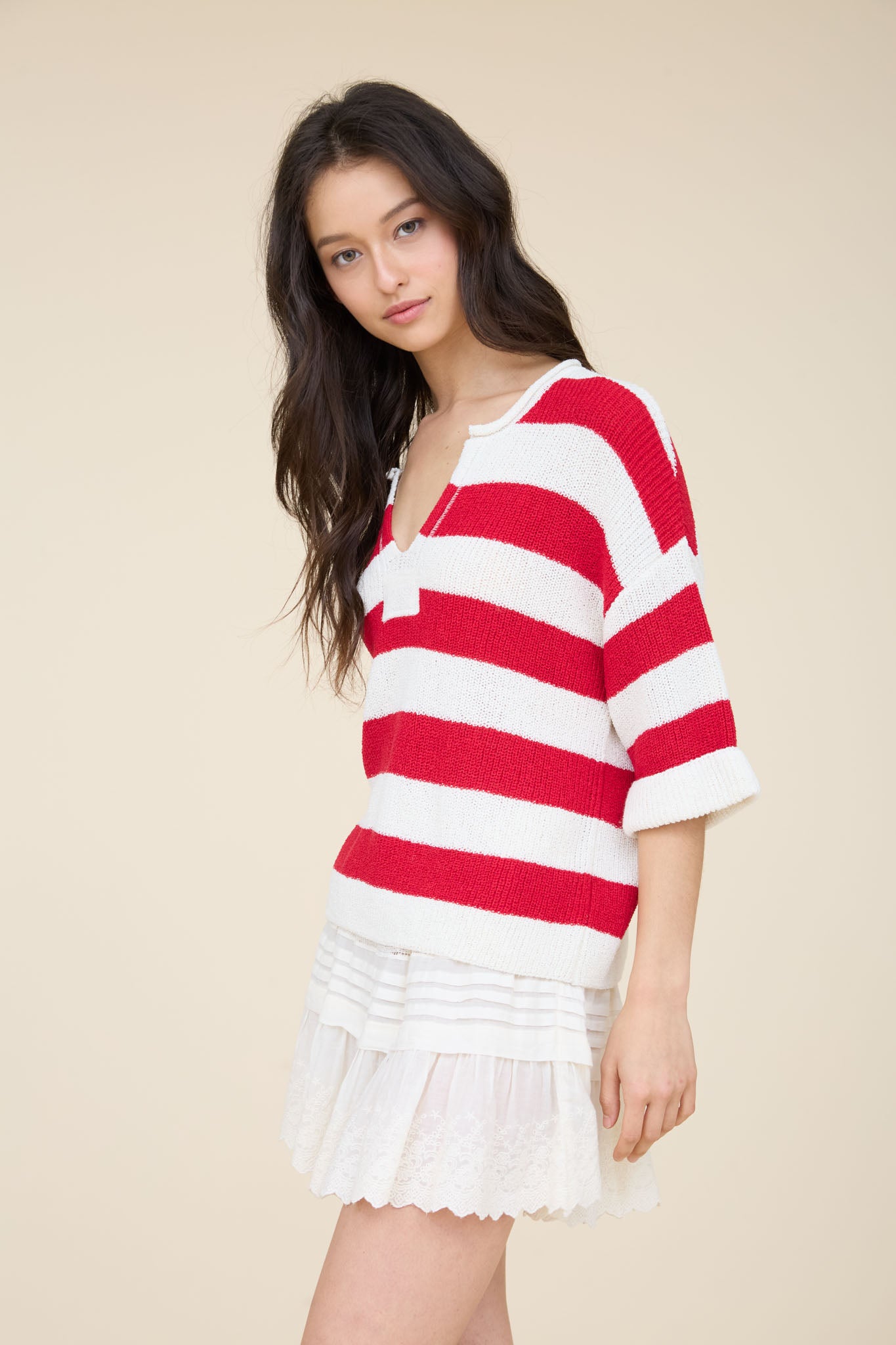 WIDE STRIPE RAW SPLIT NECK SHORT SLEEVE SWEATER (PRE-ORDER)