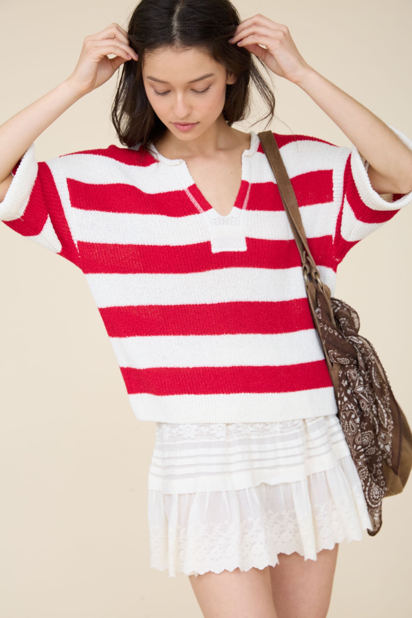 WIDE STRIPE RAW SPLIT NECK SHORT SLEEVE SWEATER (PRE-ORDER)