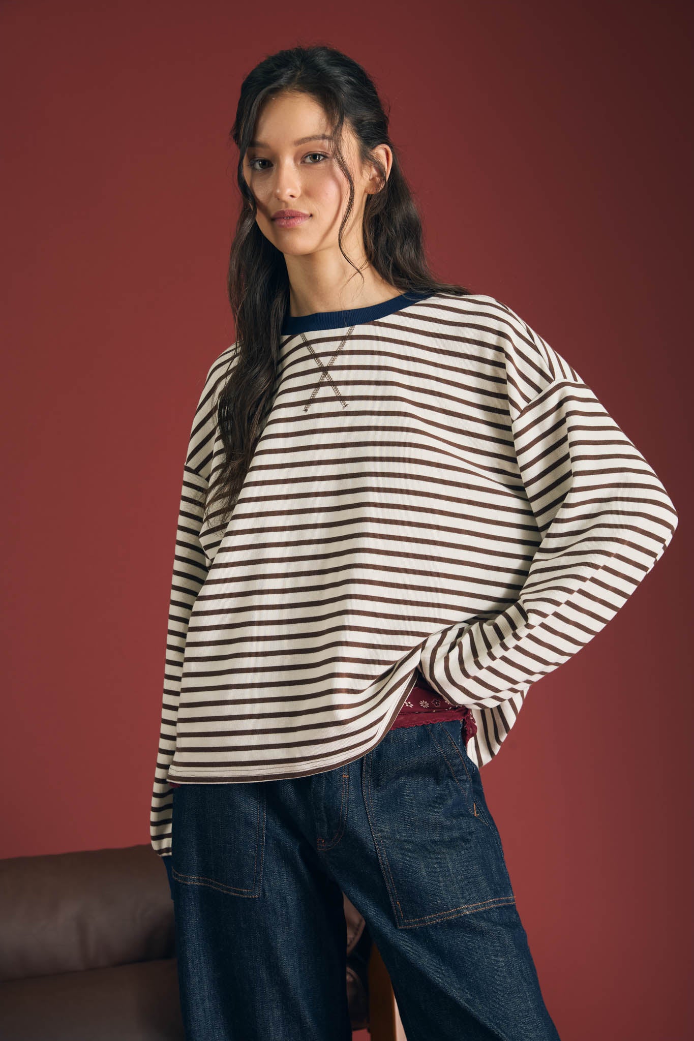 STRIPE CREW NECK V-STITCH LONG SLEEVE KNIT TOP (PRE-ORDER)