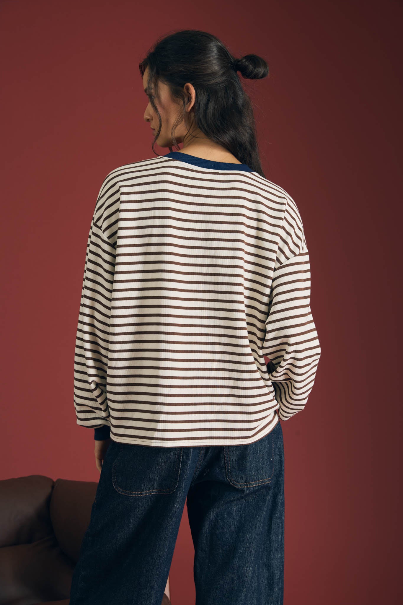 STRIPE CREW NECK V-STITCH LONG SLEEVE KNIT TOP (PRE-ORDER)