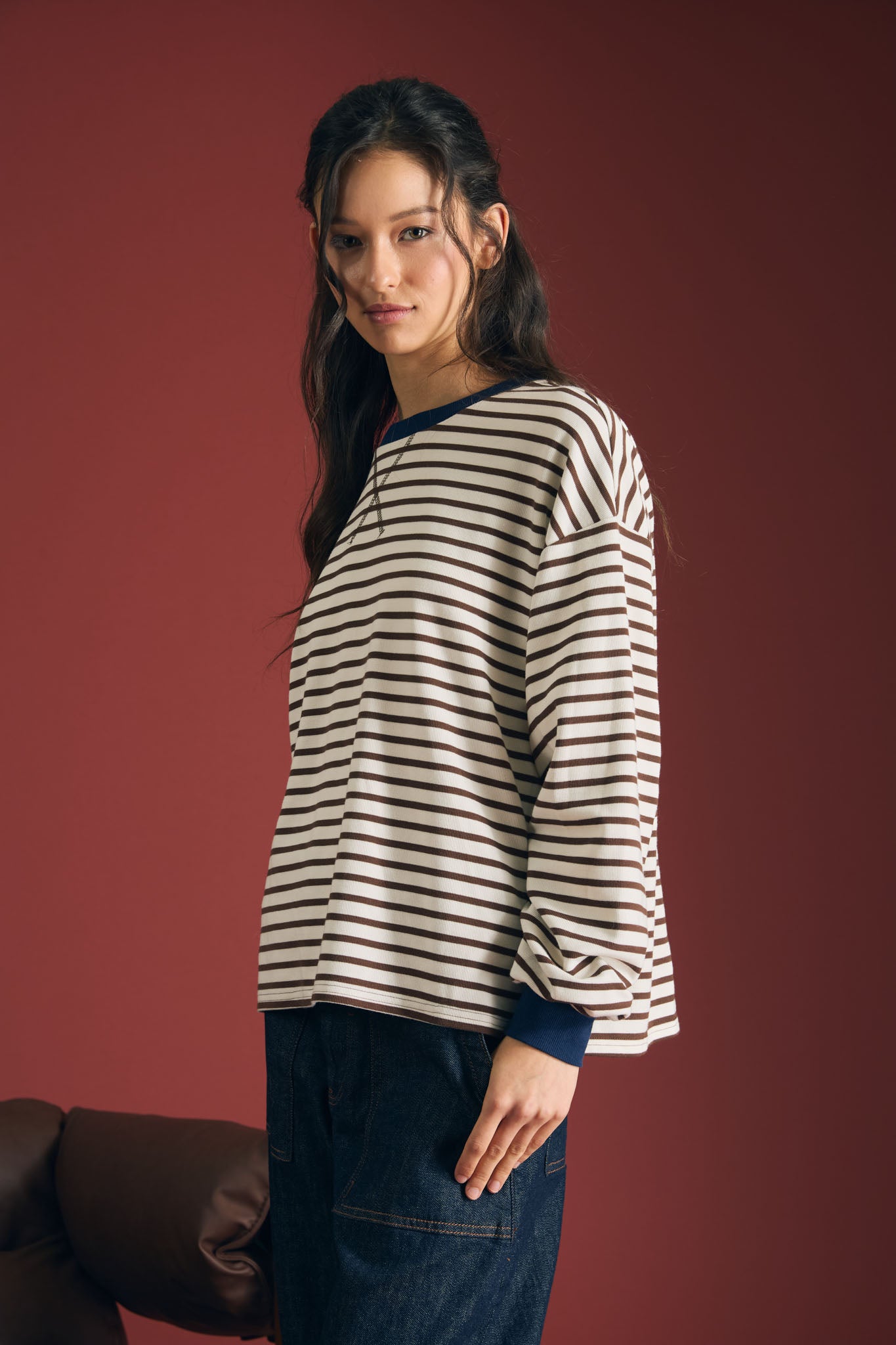 STRIPE CREW NECK V-STITCH LONG SLEEVE KNIT TOP (PRE-ORDER)