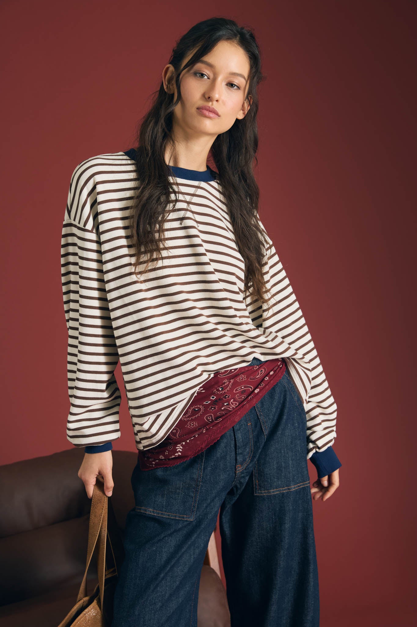 STRIPE CREW NECK V-STITCH LONG SLEEVE KNIT TOP (PRE-ORDER)