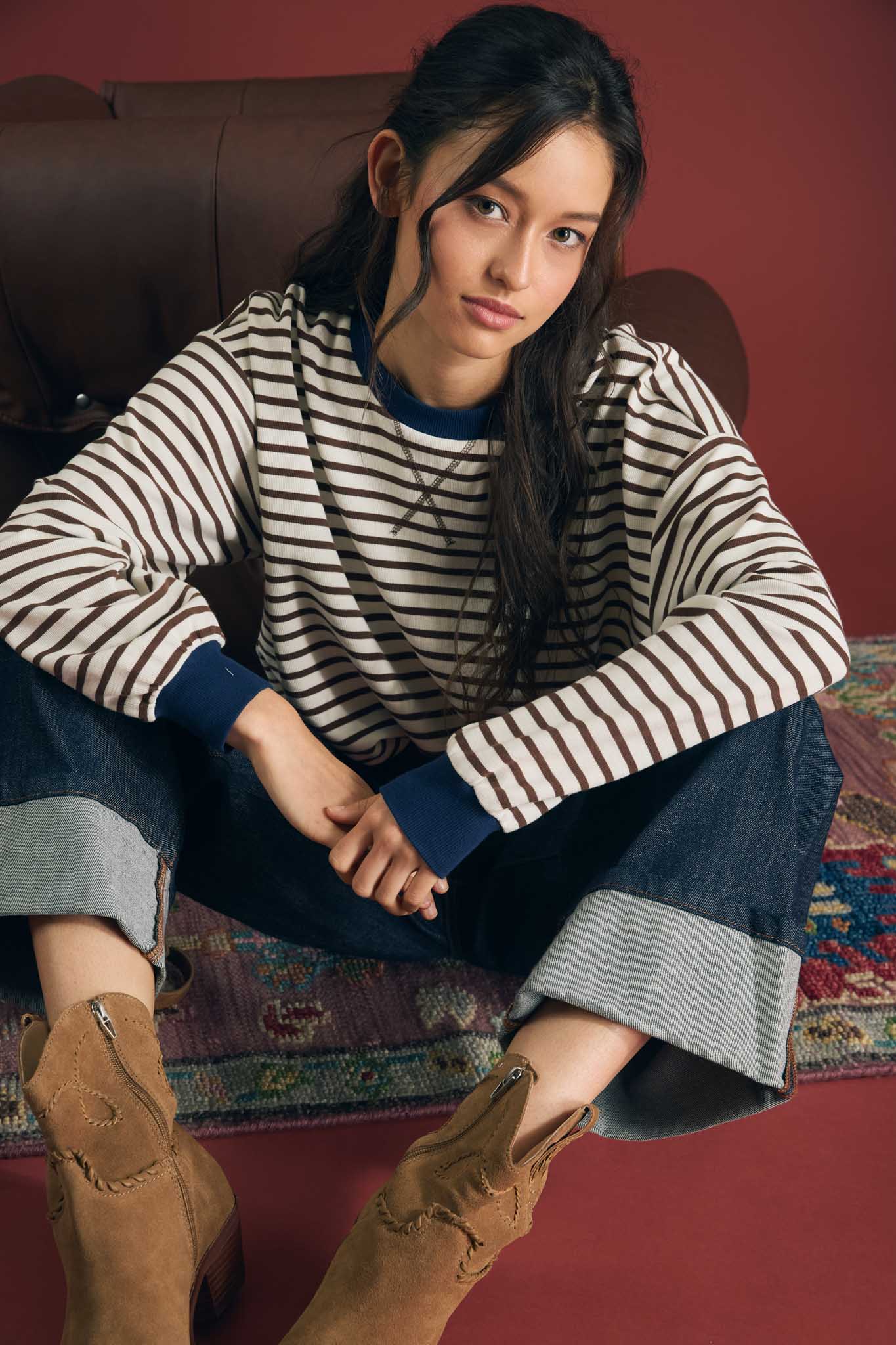 STRIPE CREW NECK V-STITCH LONG SLEEVE KNIT TOP (PRE-ORDER)