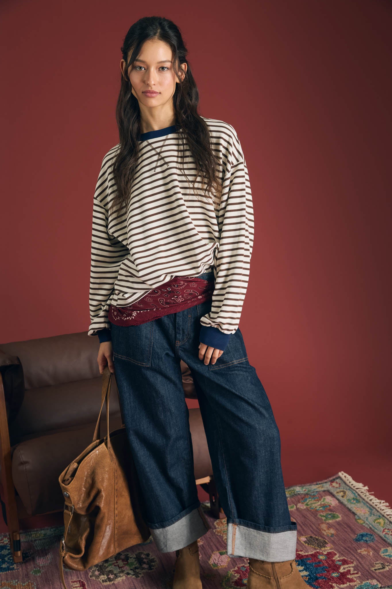 STRIPE CREW NECK V-STITCH LONG SLEEVE KNIT TOP (PRE-ORDER)