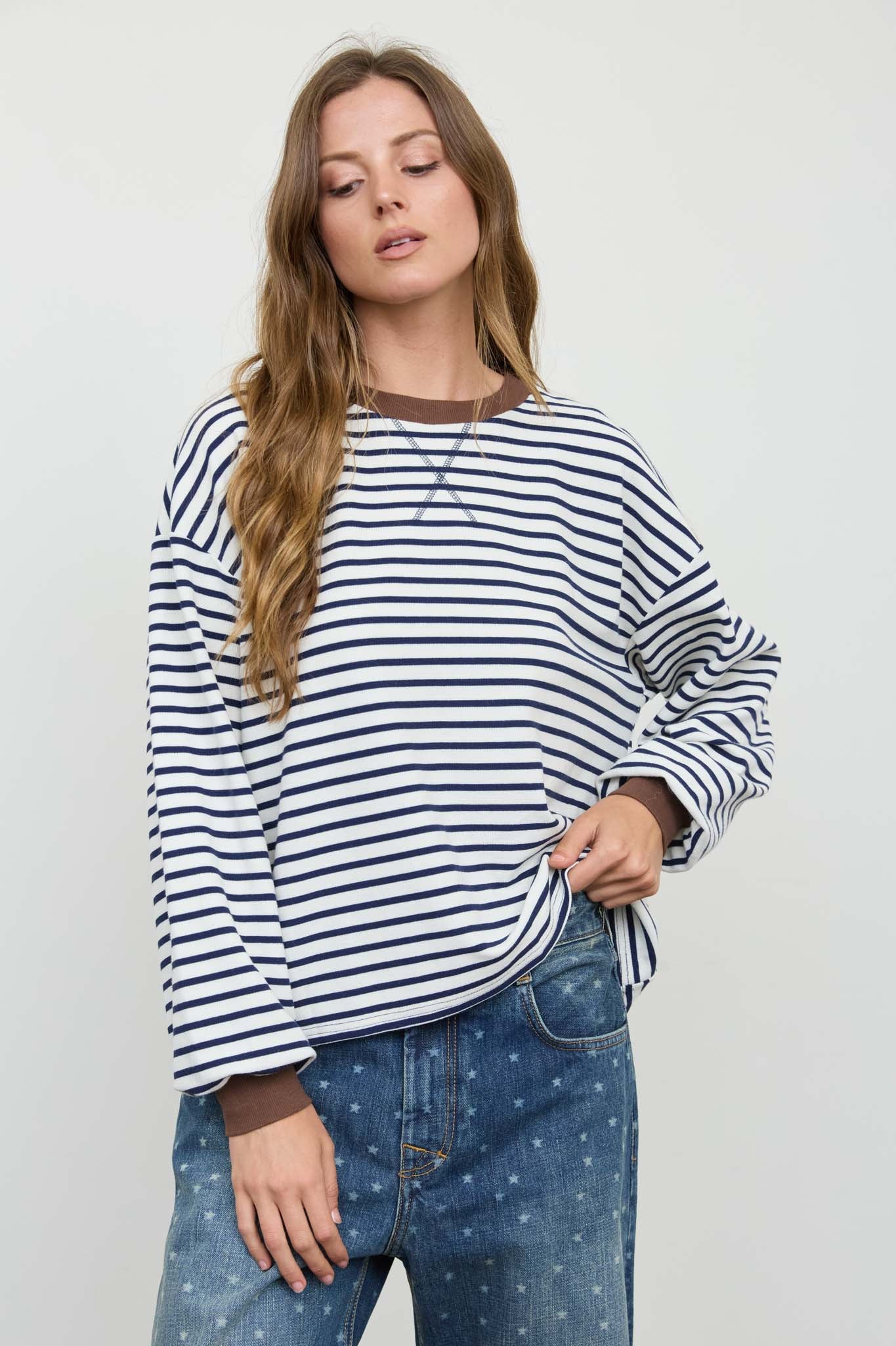 STRIPE CREW NECK V-STITCH LONG SLEEVE KNIT TOP (PRE-ORDER)