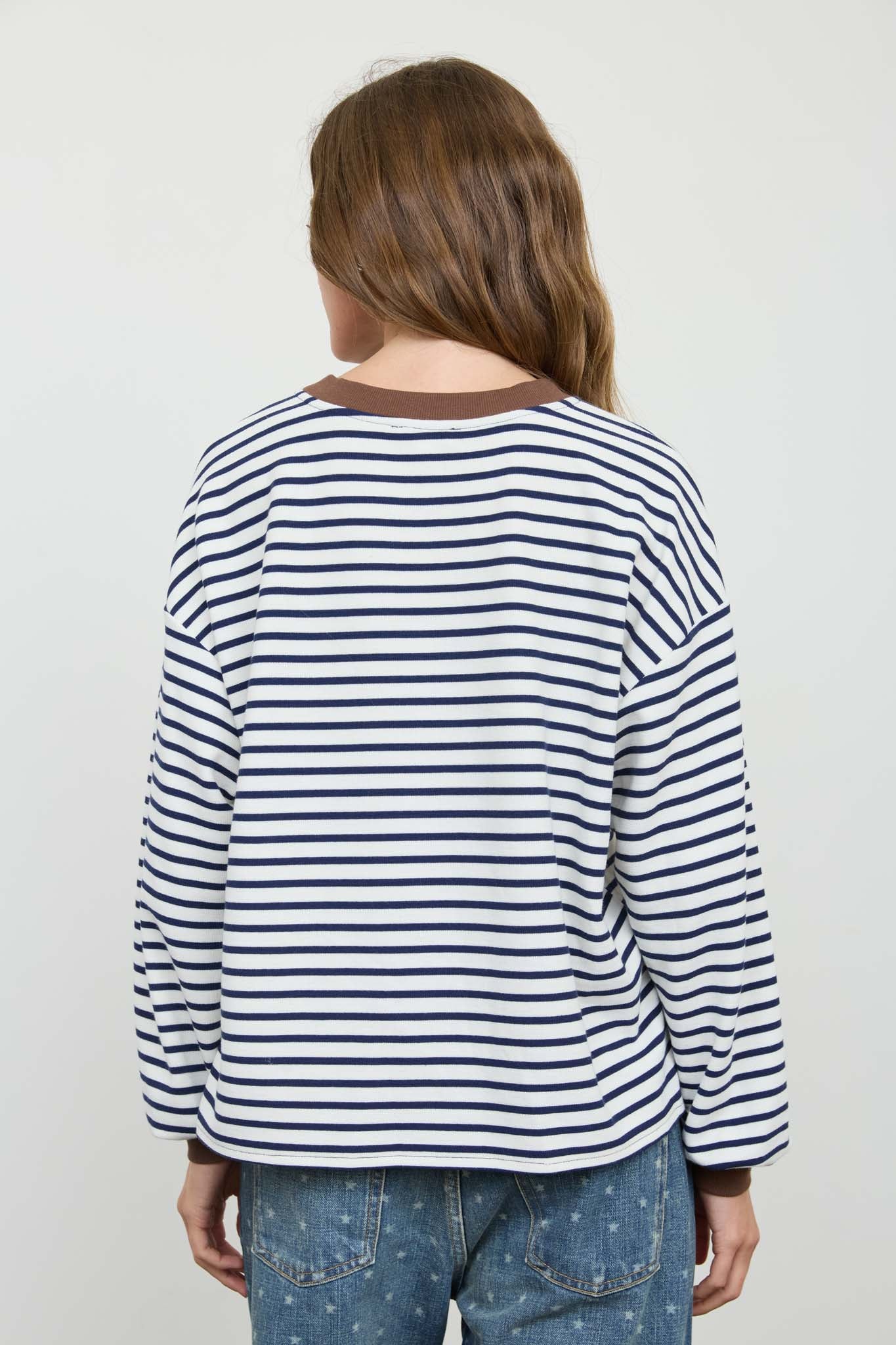 STRIPE CREW NECK V-STITCH LONG SLEEVE KNIT TOP (PRE-ORDER)