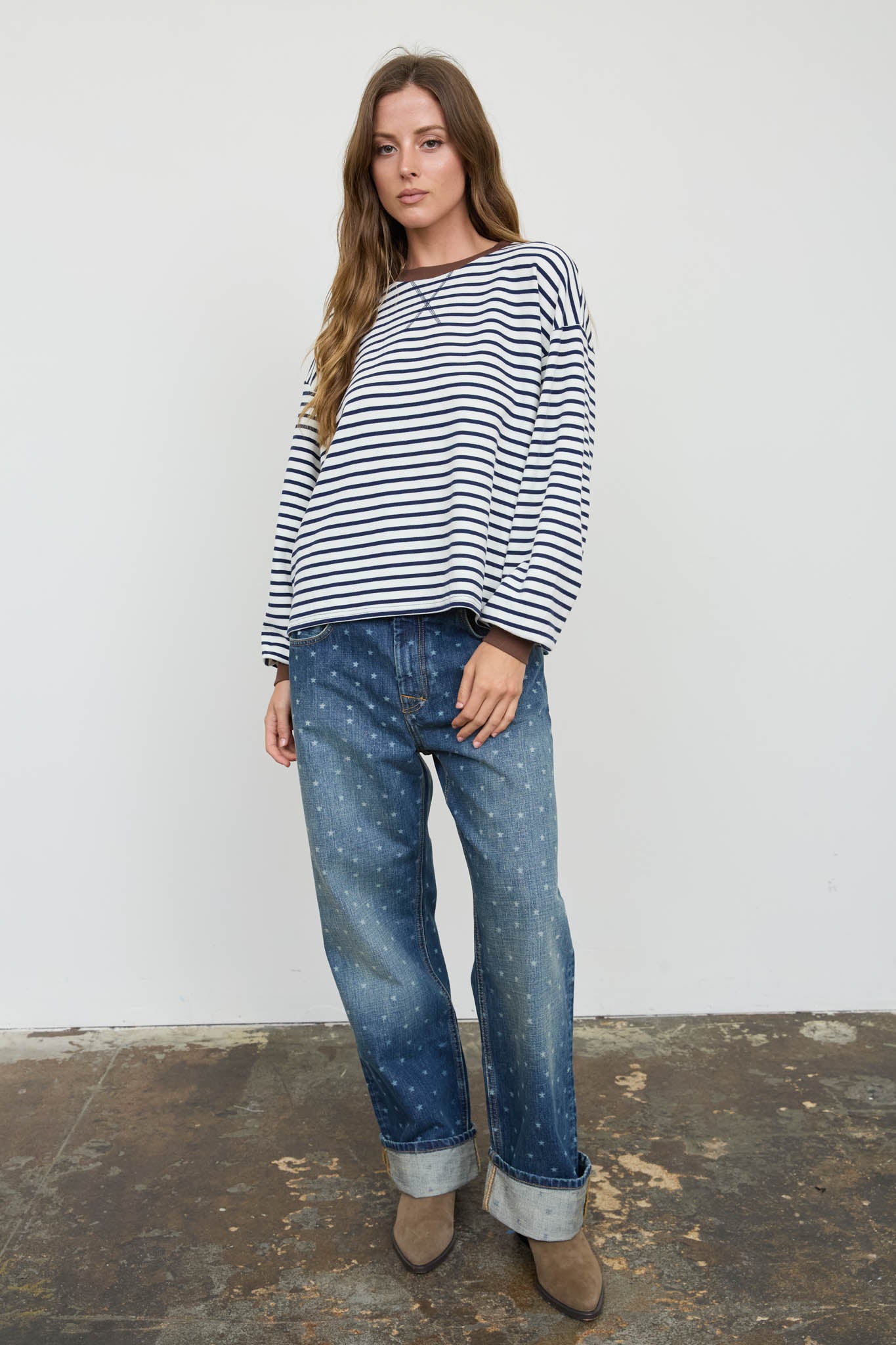STRIPE CREW NECK V-STITCH LONG SLEEVE KNIT TOP (PRE-ORDER)