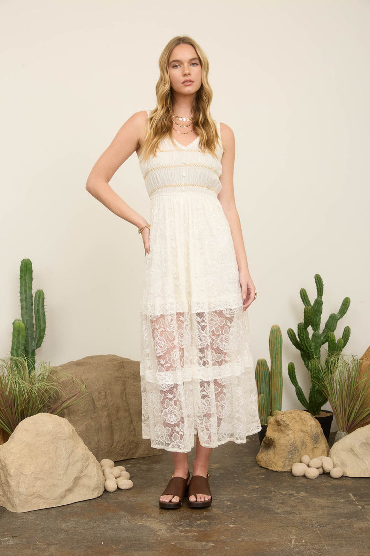 LACE SLEEVELESS SHIRRED MOCK BUTTON MAXI DRESS