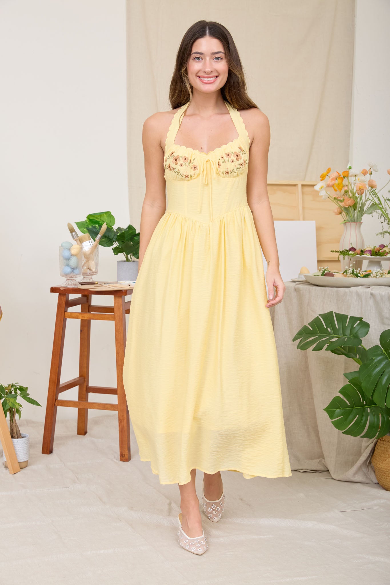 HALTER NECK CORSET DETAIL EMBROIDERED MIDI DRESS (PRE-ORDER)