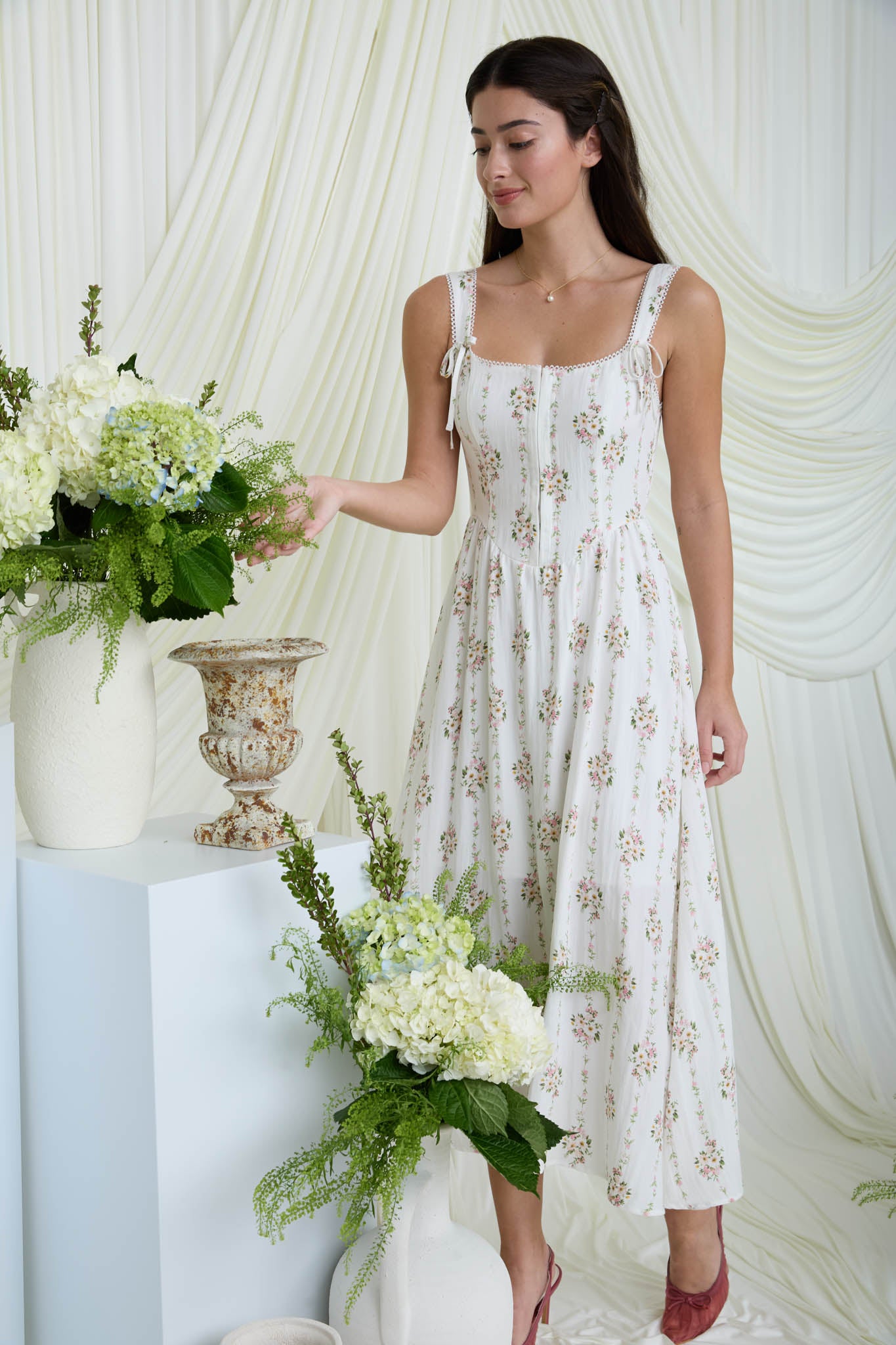 FLORAL STRIPE PATTERN FRONT HOOK CORSET MIDI DRESS (PRE-ORDER)