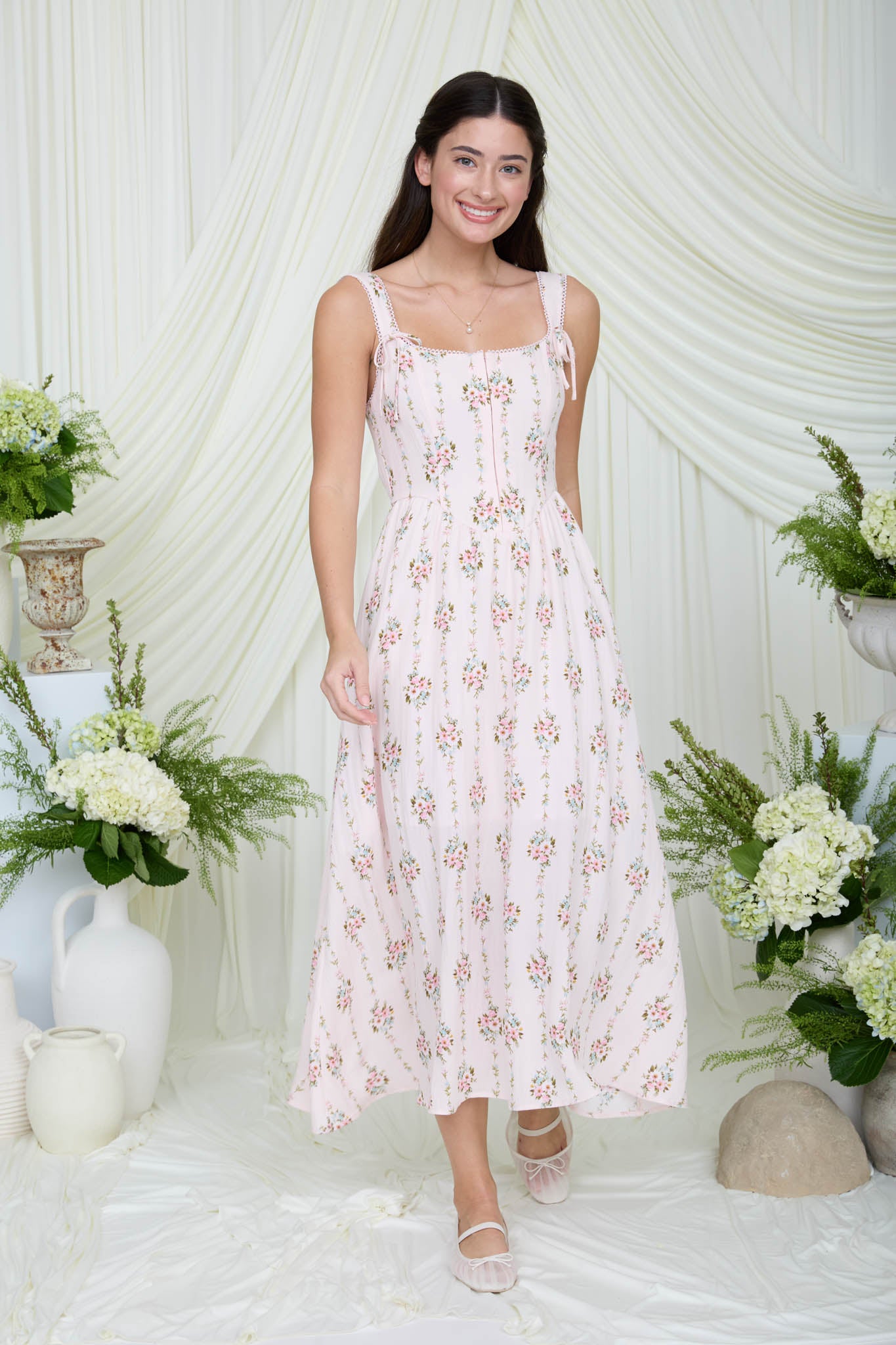 FLORAL STRIPE PATTERN FRONT HOOK CORSET MIDI DRESS (PRE-ORDER)
